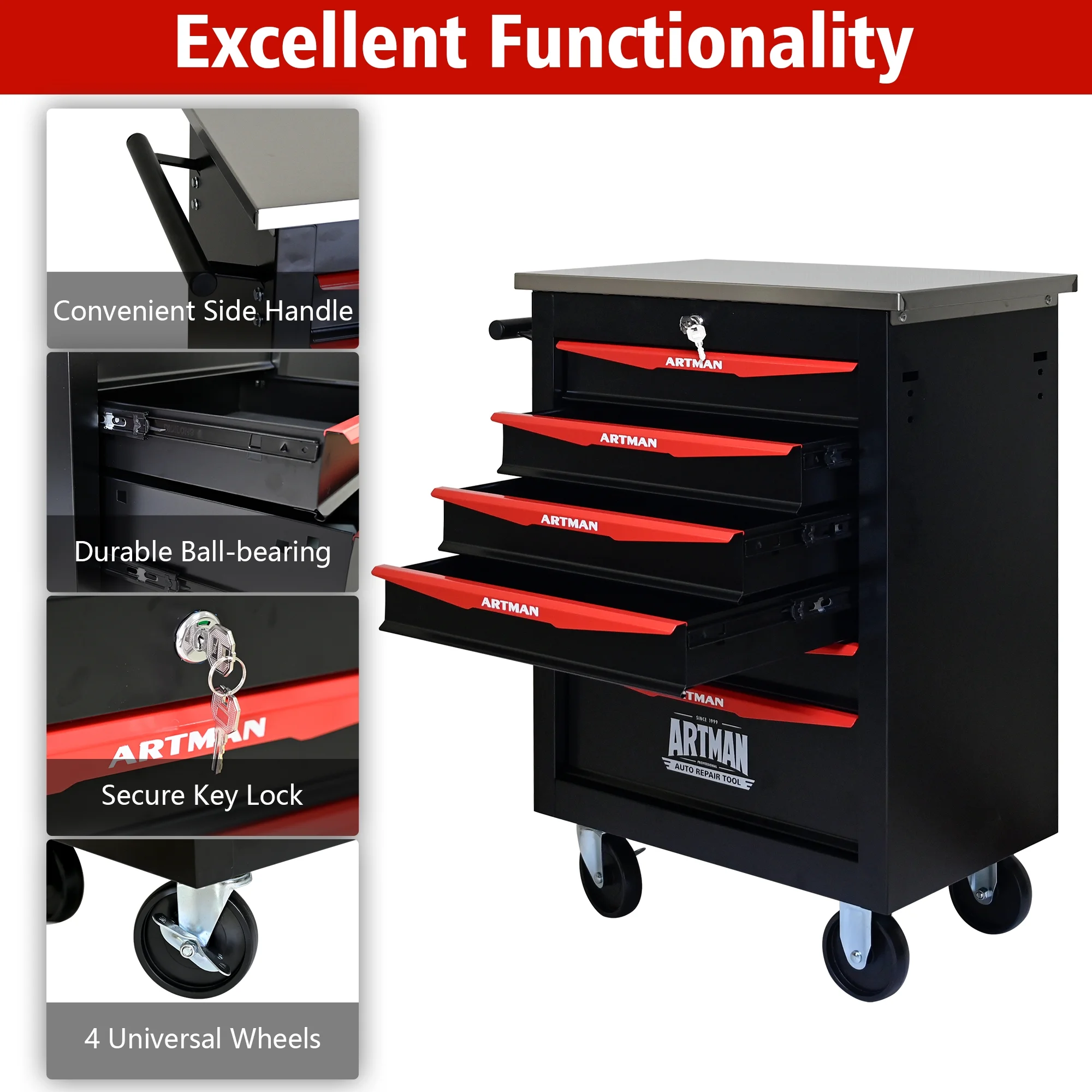 ARTMAN 6 Drawers Metal Rolling Storage Tool Chest Cabinet Cart with Wheels,with Key Locking and Parking Brake, Tool Box for Garage Workshop Warehouse - Image 8