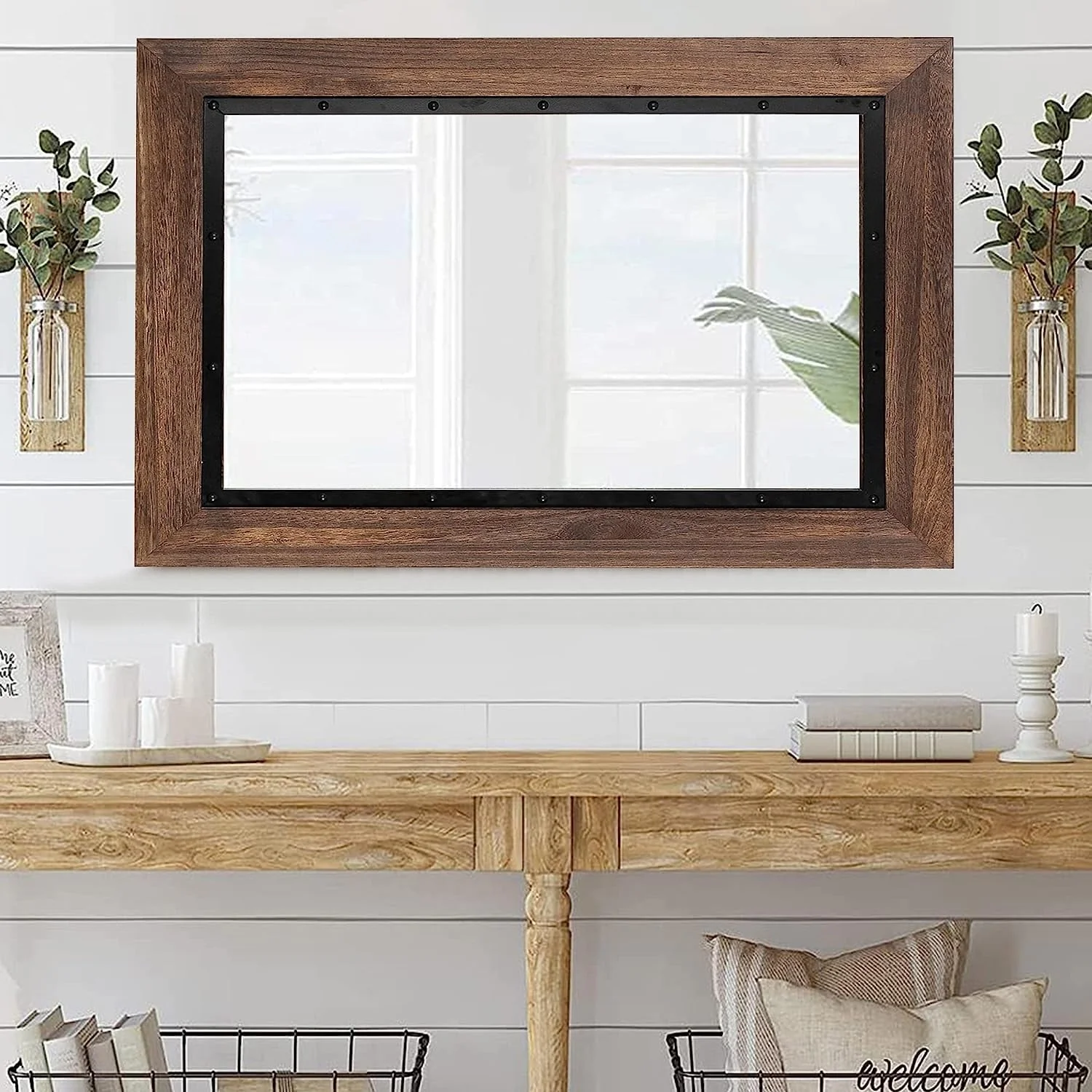 Rustic Wood and Iron Framed Bathroom Vanity Mirror, Wall Mounted Farmhouse Mirror for Bathroom and Bedroom - Image 10