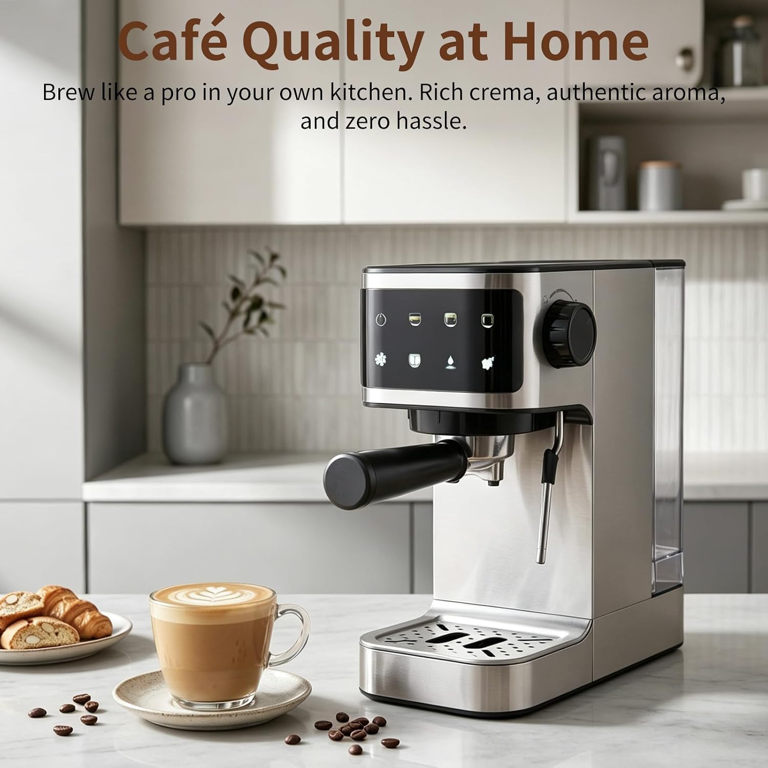 Espresso Machine 20 Bar, 1350W Instant Heating Coffee Maker with Stainless Steel Steam Wand & Touch Color Display, 6-in-1, 1.3L Removable Tank, Compact Stainless Steel - Image 6