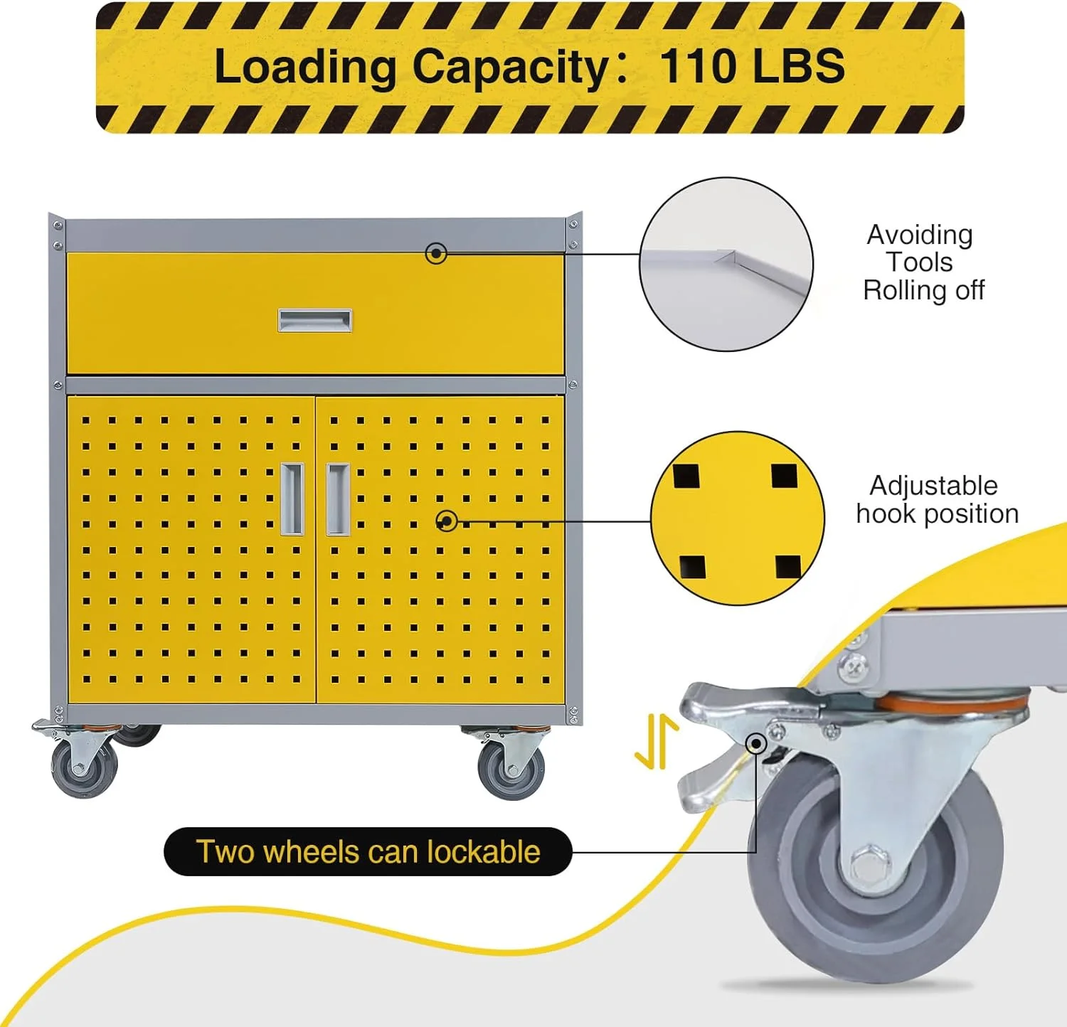 walsport Tool Chest, Rolling Storage Cabinet with Lockable Wheels with 1 Drawer & 2 Doors 1 Adjustable Shelf & 4 Hanging Hooks, Yellow - Image 5
