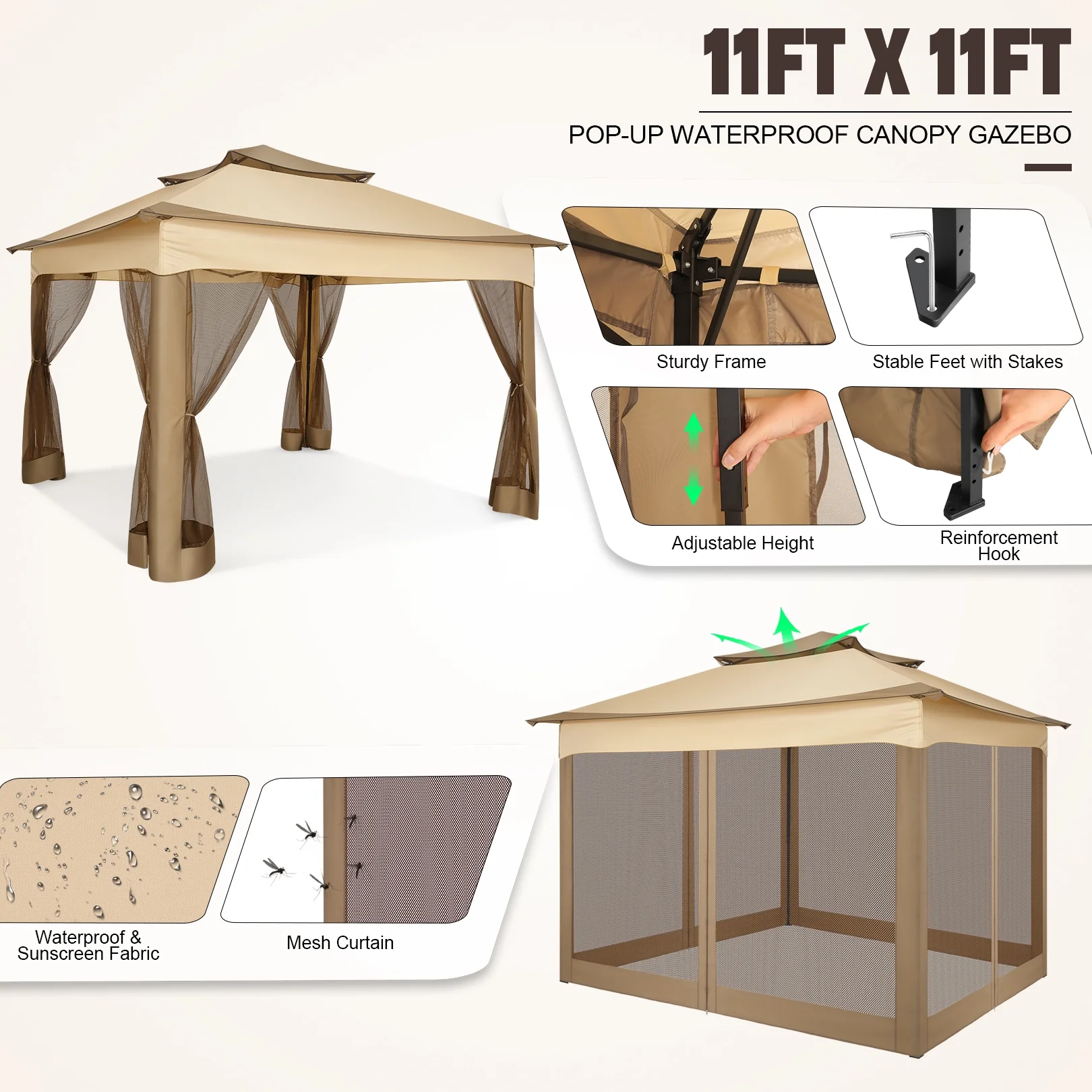 COBIZI 11x11 Pop up Gazebo Outdoor Canopy Gazebo Patio Gazebo with Mosquito Netting Canopy Shelter with 121 Square feet of Shade for Poolside, Garden, Party and Backyard, Khaki - Image 9