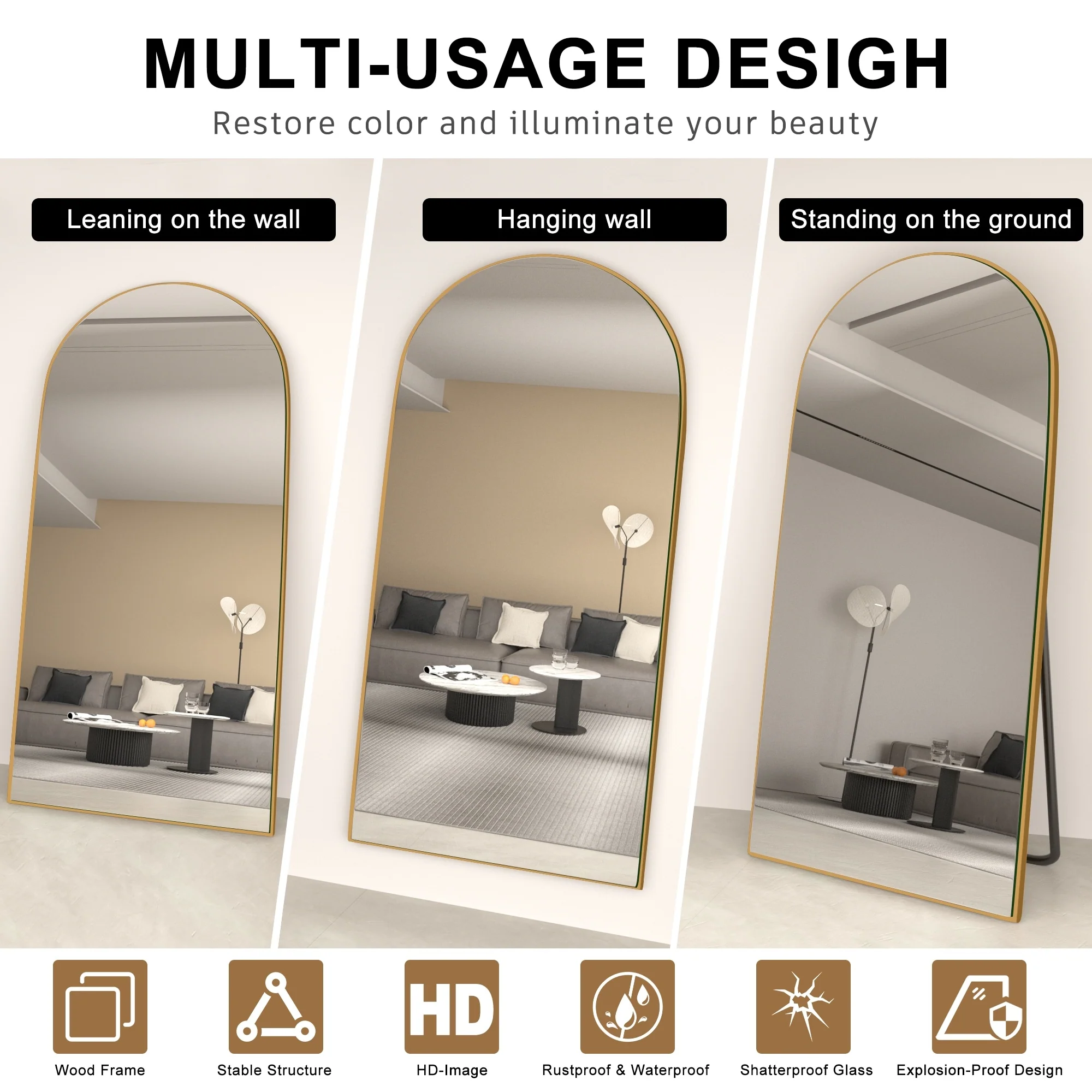 Arched Full Length Wood Floor Mirror, Full Body Standing and Wall Mounted Mirror for Bedroom, Living Room and Home Decor - Image 47