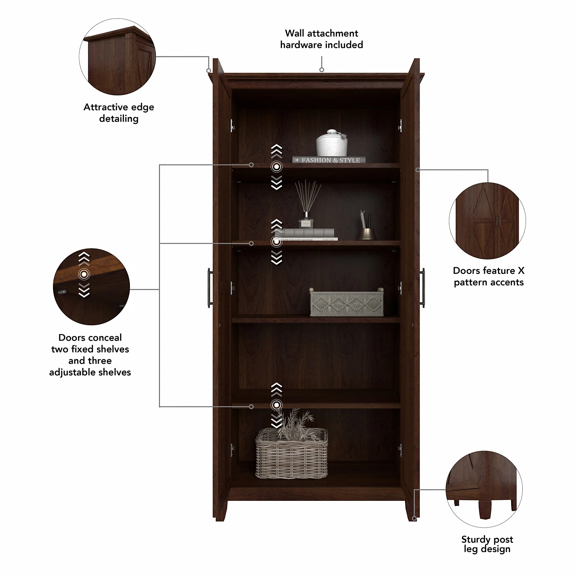 Key West Tall Storage Cabinet with Doors in Bing Cherry - Engineered Wood - Image 6