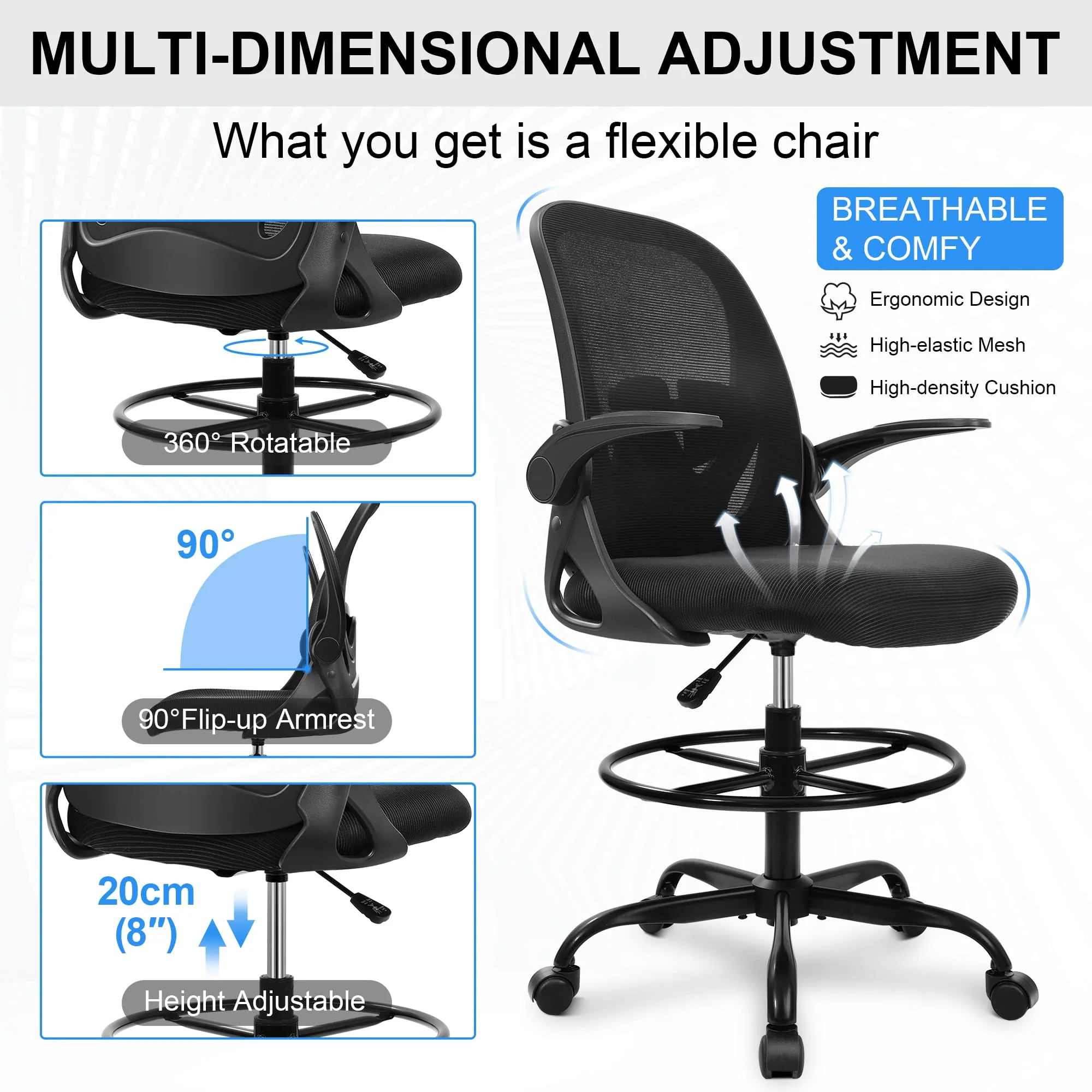 Ergonomic Drafting Chair - Tall Office Chair with Lumbar Support and Adjustable Height - Image 7