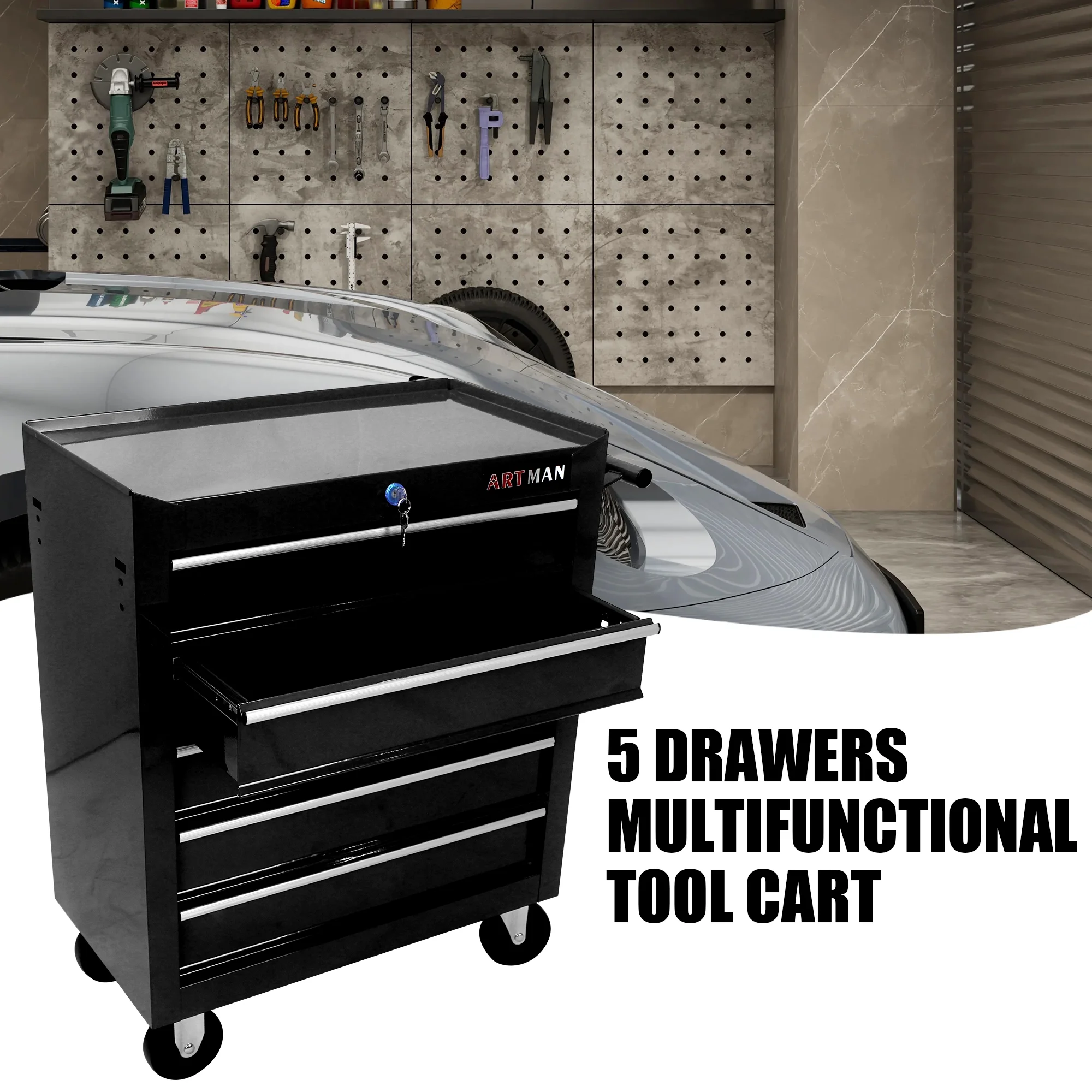 Lisonu 5-Drawer Rolling Tool Chest, Mobile Tool Storage Cabinet with Locking System & Wheels, Heavy-Duty Steel Organizer for Garage and Workshop, Green - Image 19