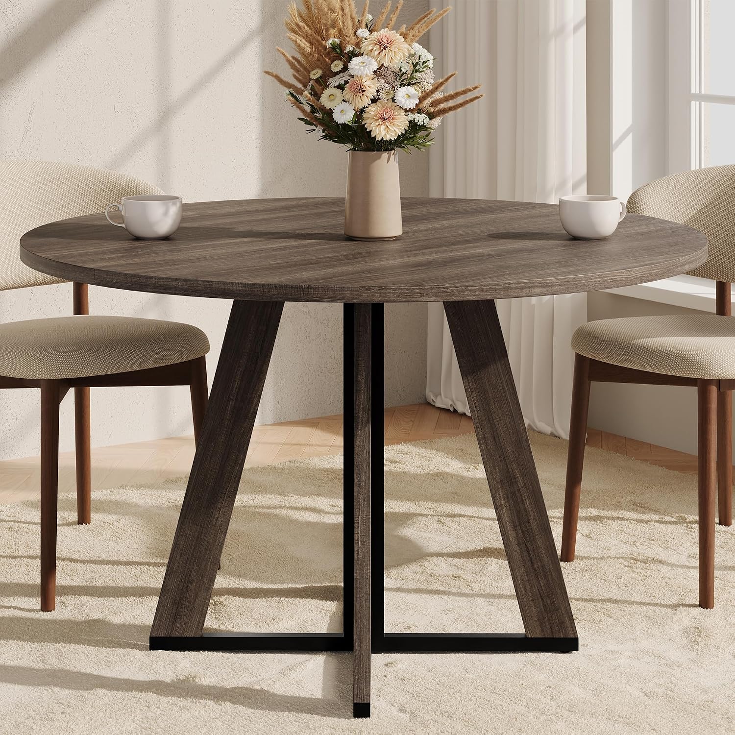 31.5 inch Round Dining Table for 2 4, Farmhouse Kitchen Table, Round Dining Room Table with Metal Legs for Small Spaces & Apartment, Space-Saving Circle Wood Dinner Table, Walnut