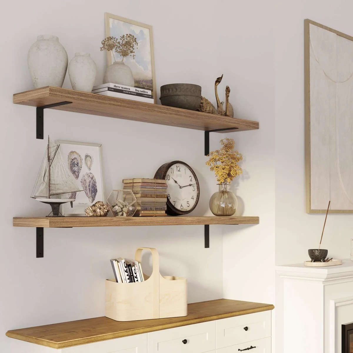 60 Inch Rustic Floating Wall Shelves, 2 Piece Burnt Wood Display and Storage Shelves - Image 4