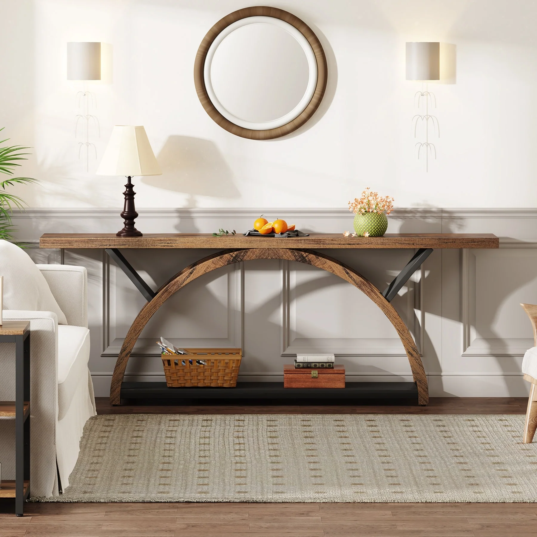 Gray 2-Tier Slim Console Sofa Table, Semi-Circular Metal Frame for Hallway - Image 22