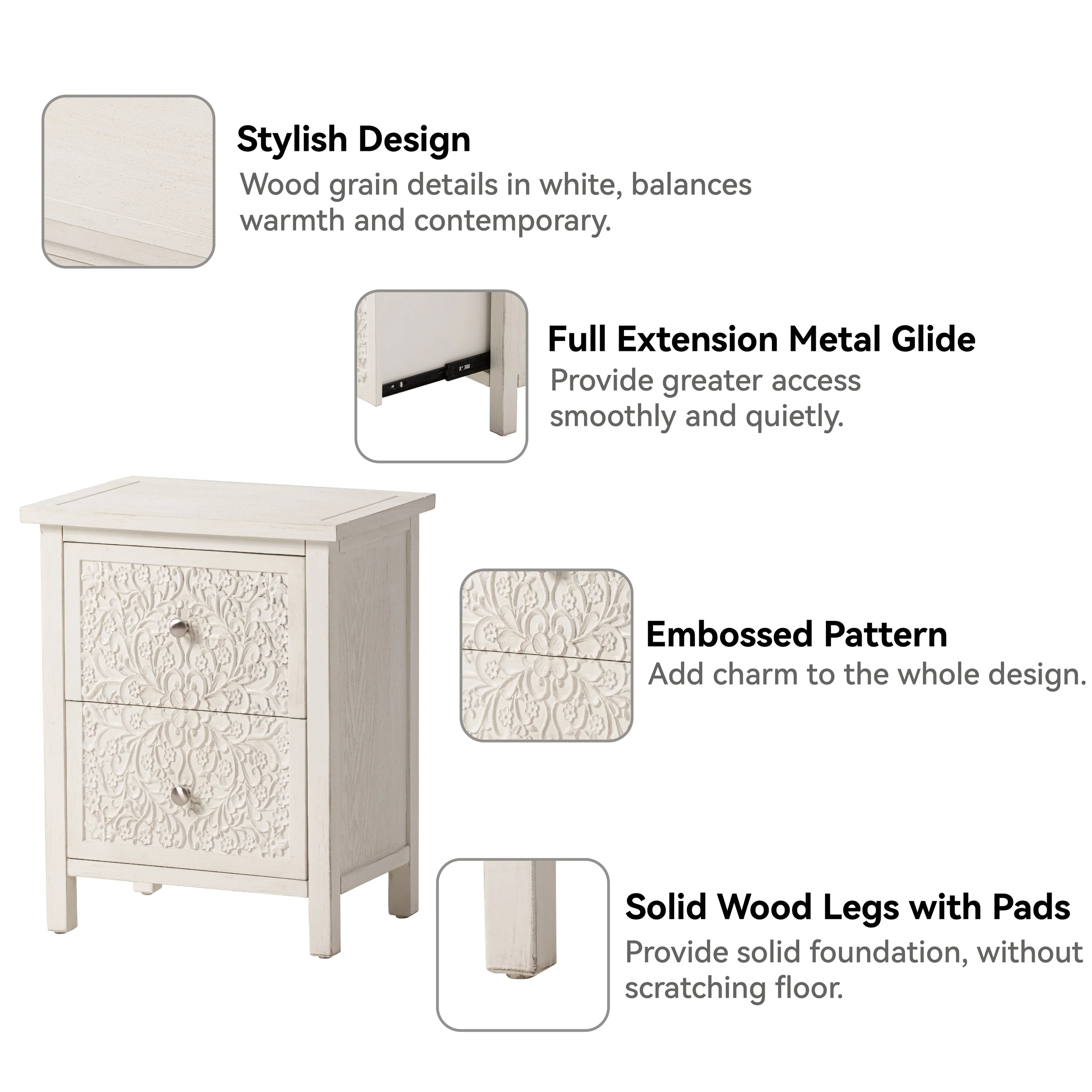 Farmhouse Fully Assembled Nightstand with 2 Drawers, Flower Motif End Table for Small Spaces - Image 10