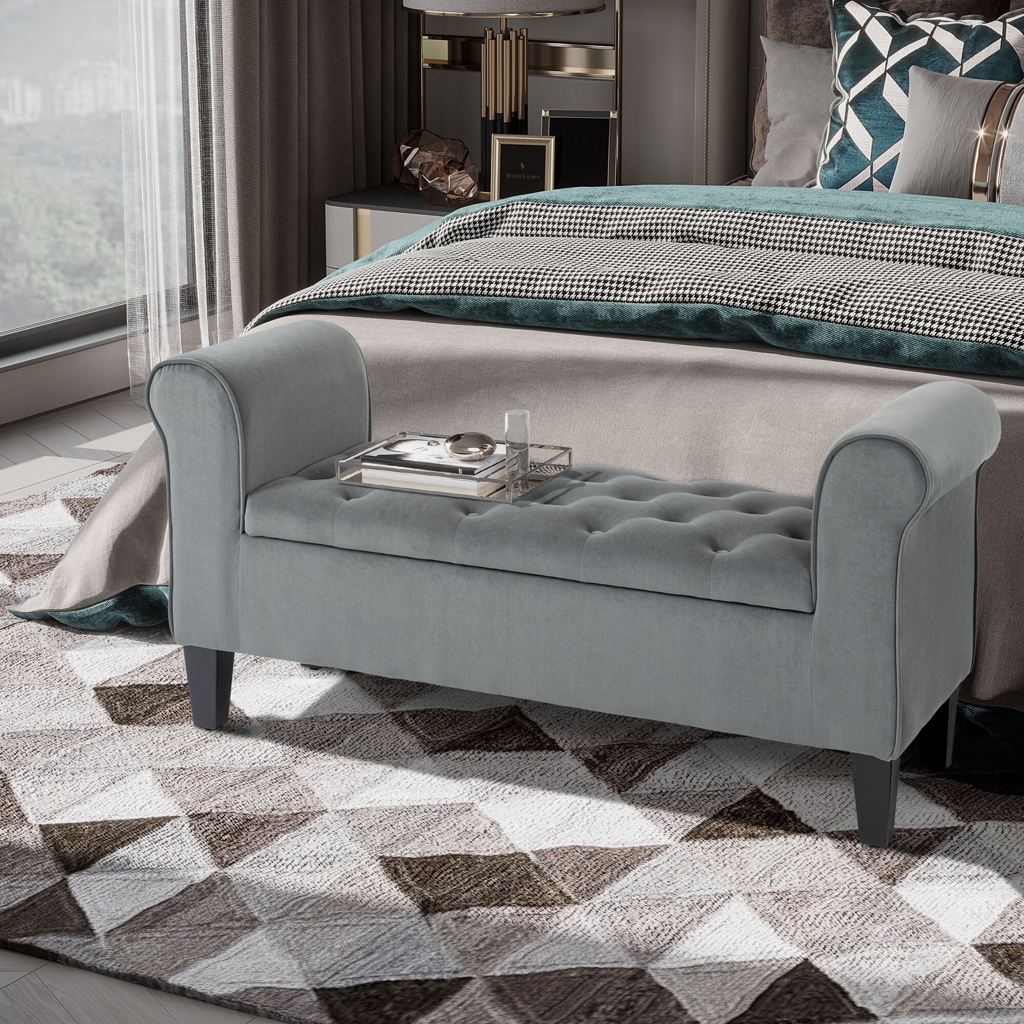Button-Tufted Storage Ottoman Bench, Upholstered Bed Bench with Rolled Armrests for Bedroom, Living Room and Hallway - Image 14