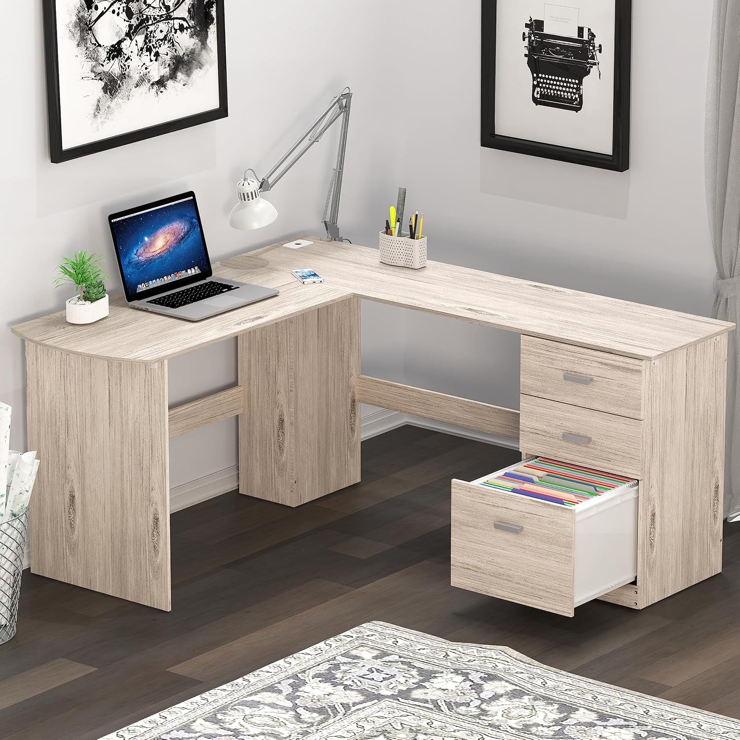 L-Shaped Home Office Wood Corner Desk w/ Box File Drawers, Black - Image 3