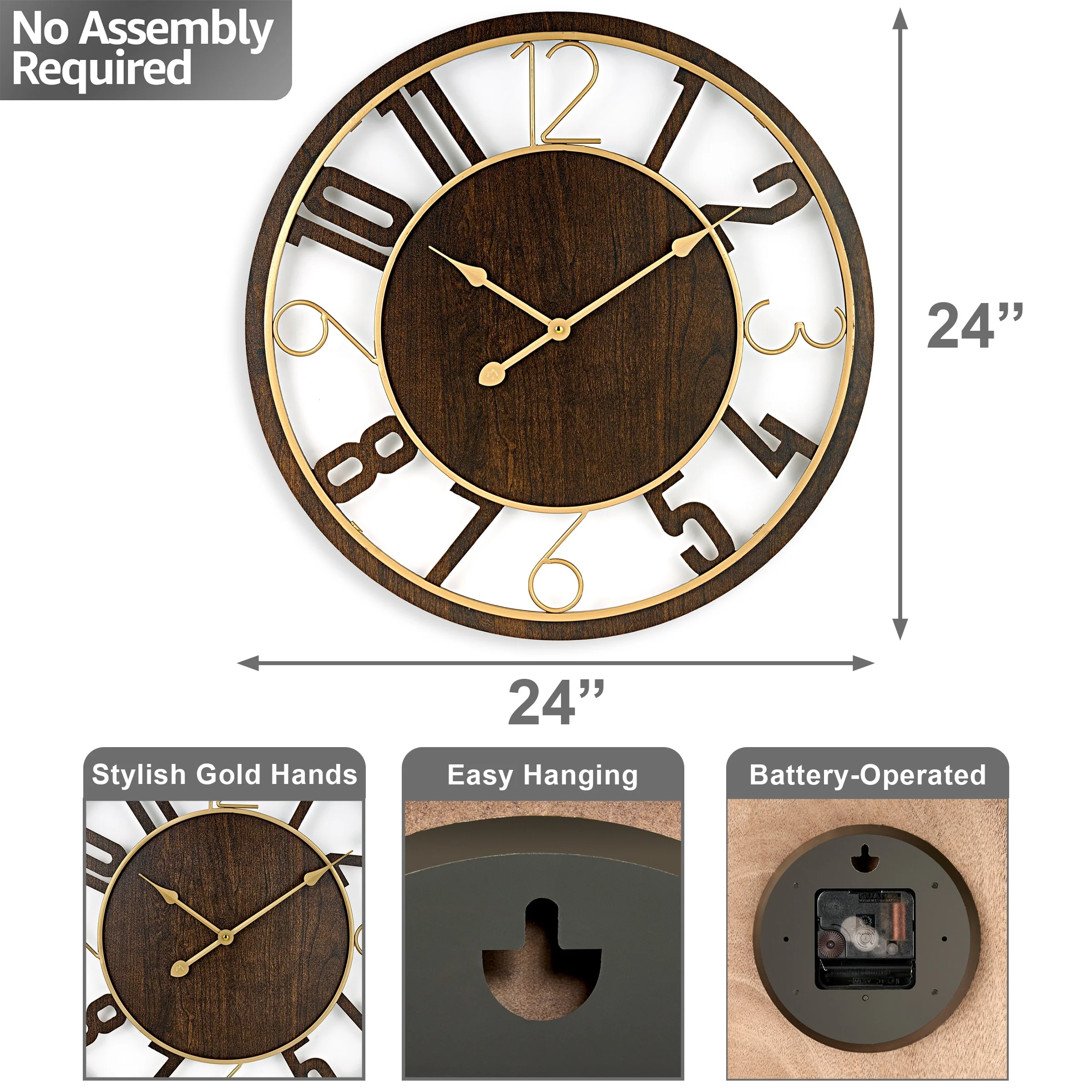 24 Inch Round Wooden Wall Clock, Modern Analog Clock with Numeral Design, Battery Operated - Image 13