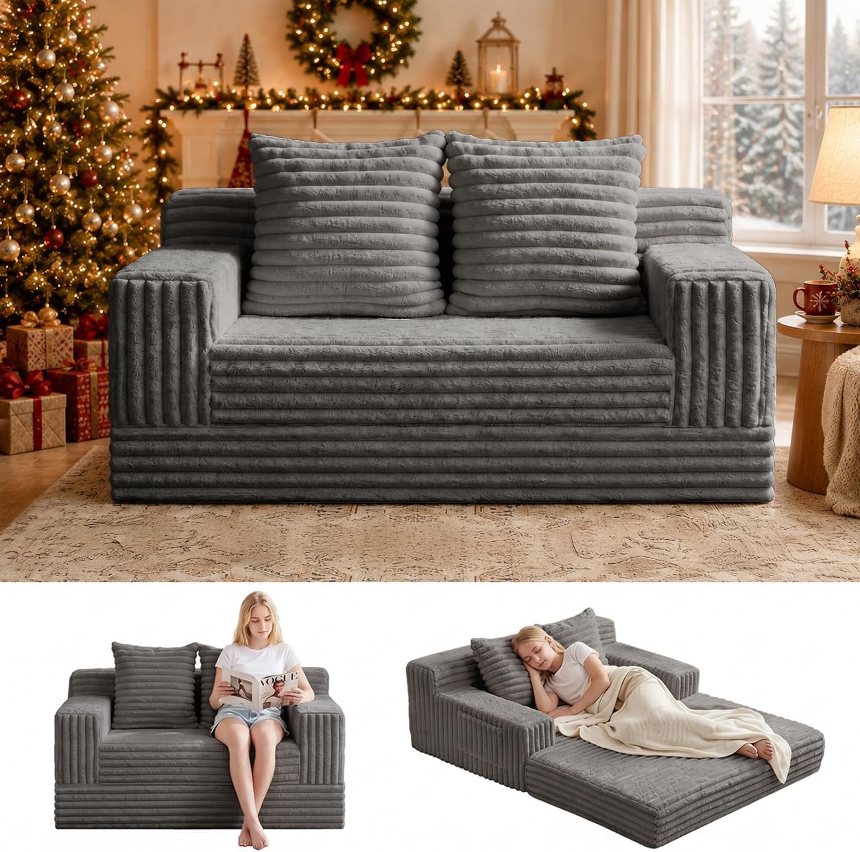 Convertible Sofa Bed, Loveseat Folding Floor Futon Sleeper Sofa Couch Bed- Boneless Foldable Couch, Corduroy Pull Out Sofa Bed with 2 Pillows for Living Room & Bedroom - Image 17