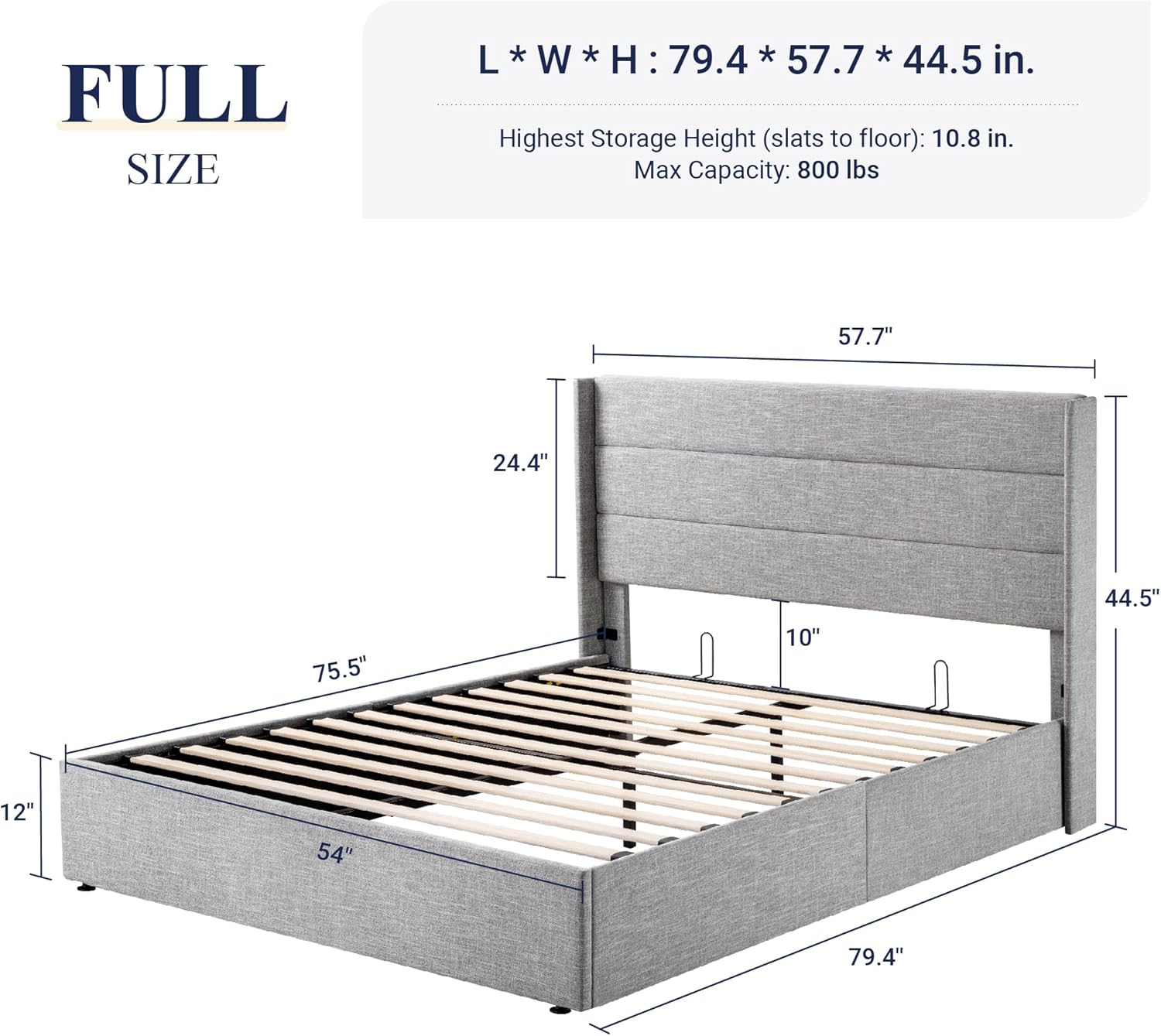 Queen Size Lift Up Storage Bed with Wingback Headboard, Upholstered Platform Bed Frame with Hidden Storage - Image 59