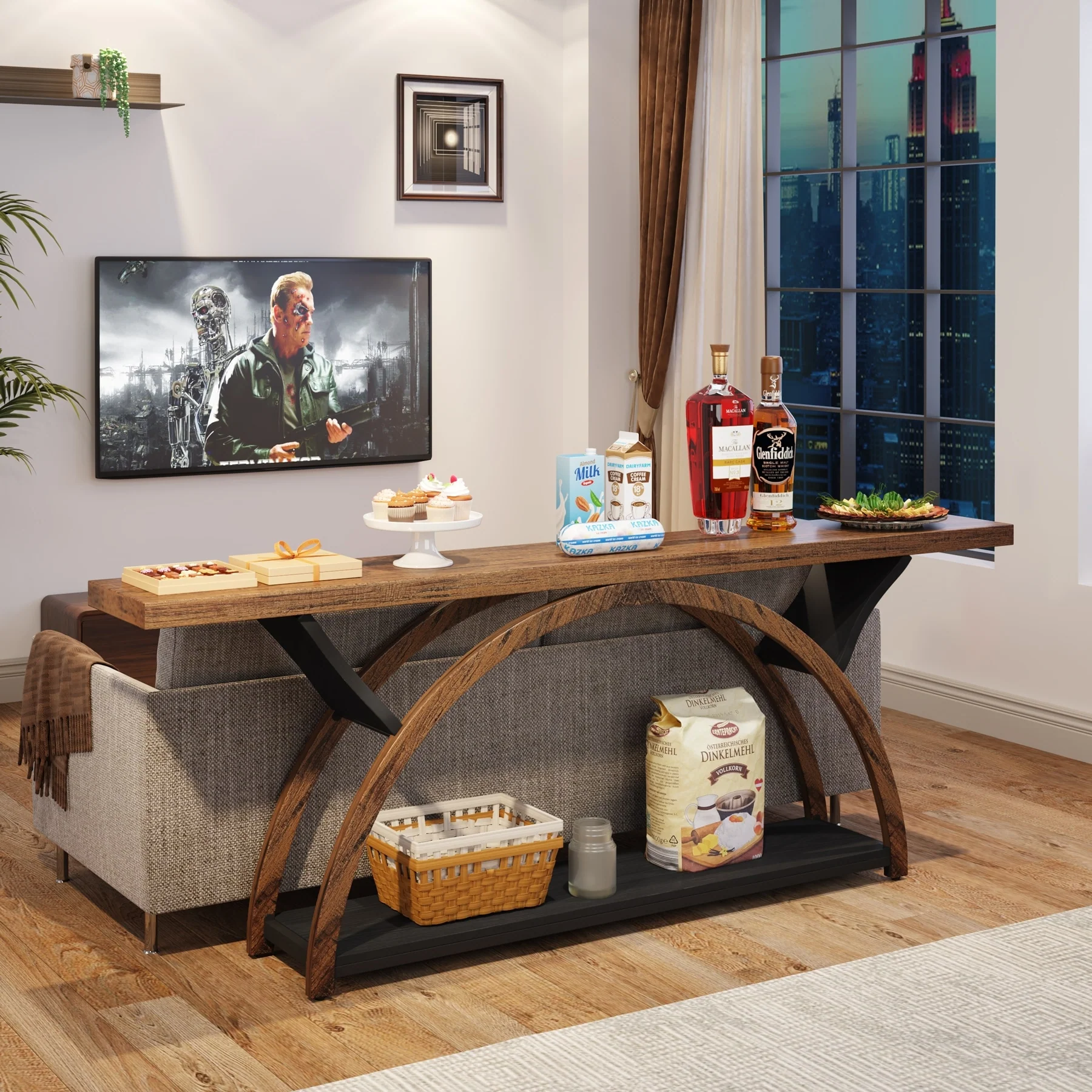 Gray 2-Tier Slim Console Sofa Table, Semi-Circular Metal Frame for Hallway - Image 23
