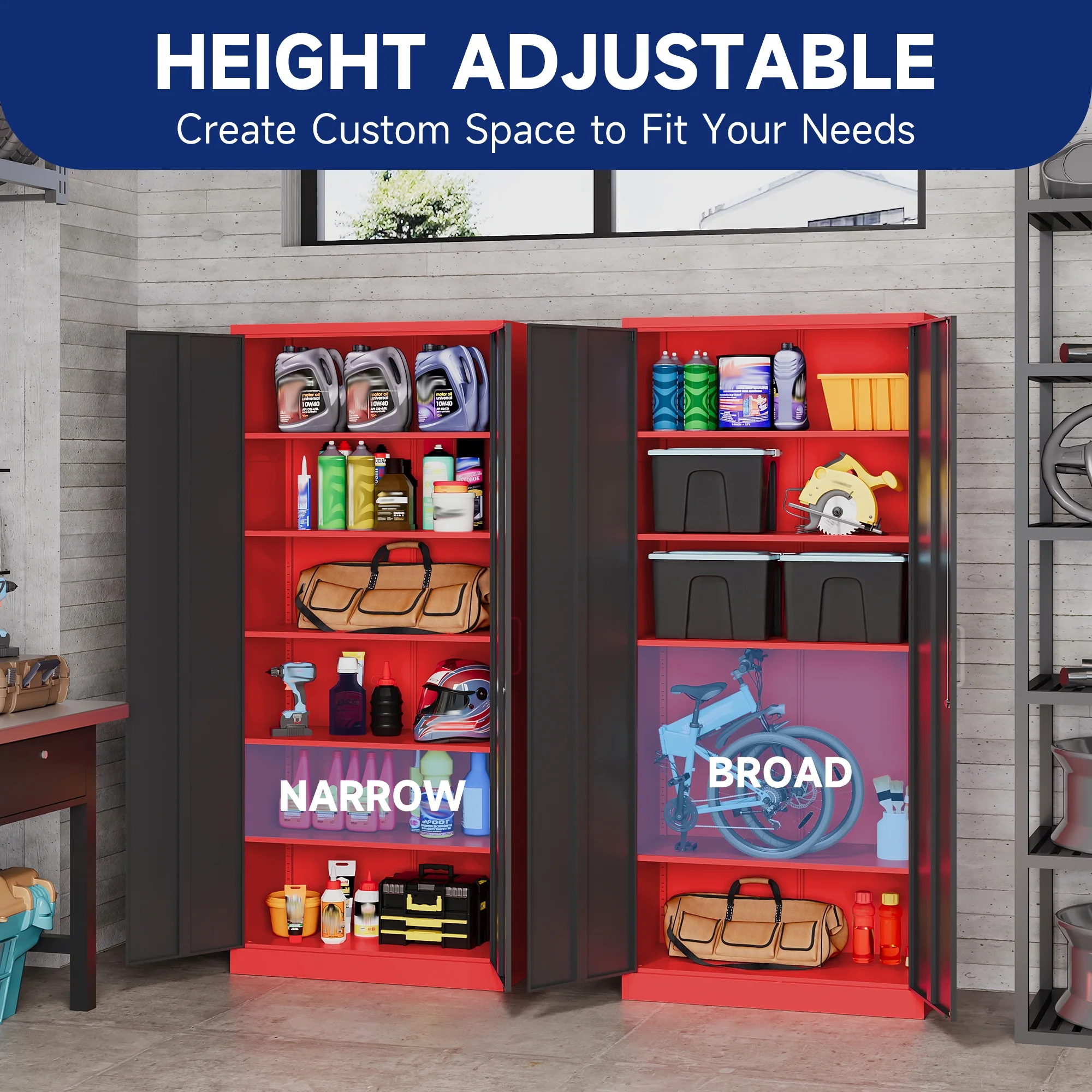 AUHUP 71" Metal Cabinet with 5 Adjustable Shelves, Garage Storage Cabinets with Locking Doors,Tool Storage Cabinet for Home Office,Warehouse,Workshop(Red Black) - Image 5