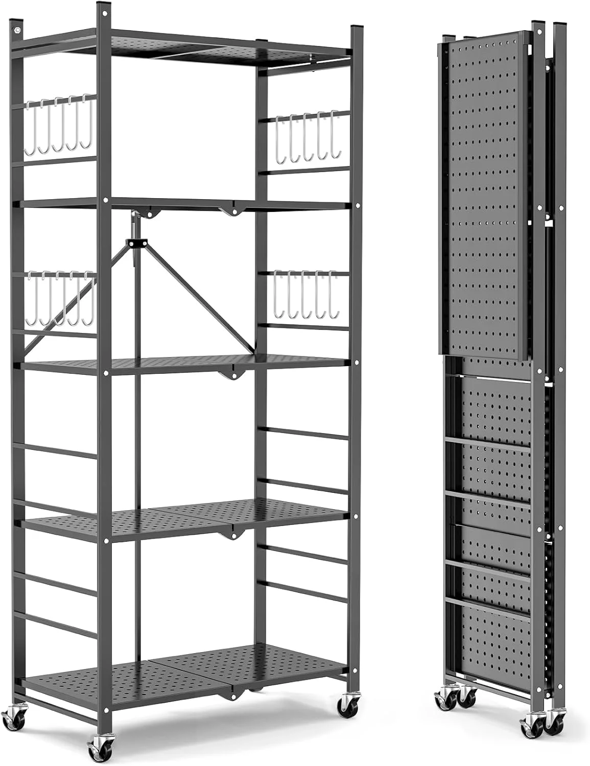 Storage Shelves with 20 Hooks, 4-Tier Foldable Shelves for Storage, Folding Shelf Unit Pantry Shelves with Wheels, Metal Shelving Storage Rack Shelf for Kitchen Garage Home, Black - No Assembly - Image 26