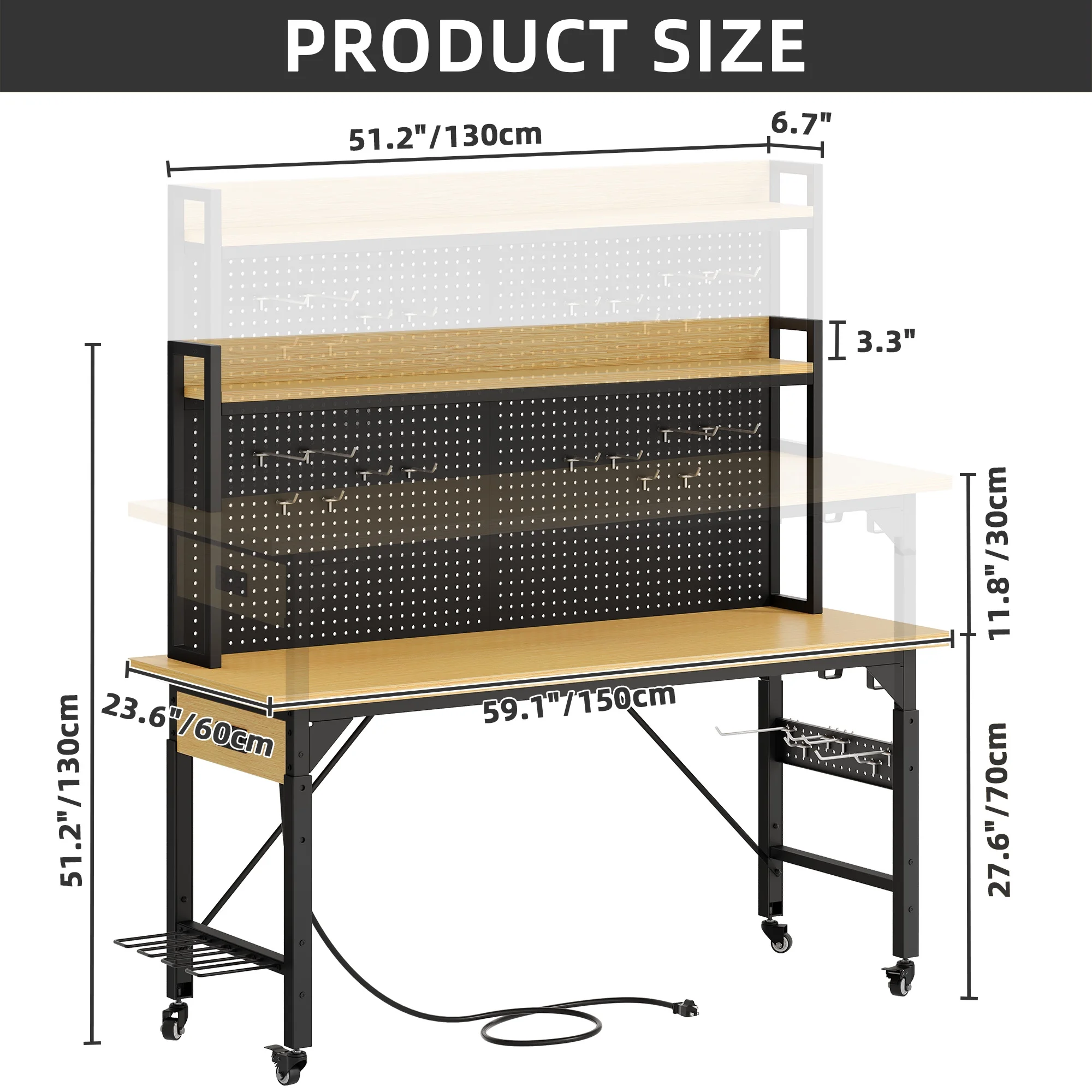 DEXTRUS Multifunctional Workbench with Wheels, 59.1" x 23.6" with Pegboard Worktable w/ Power Outlets, A3 Steel Work Bench For Garage max. Heavy Duty Workbench 2000lbs Weight Capacity - Image 4
