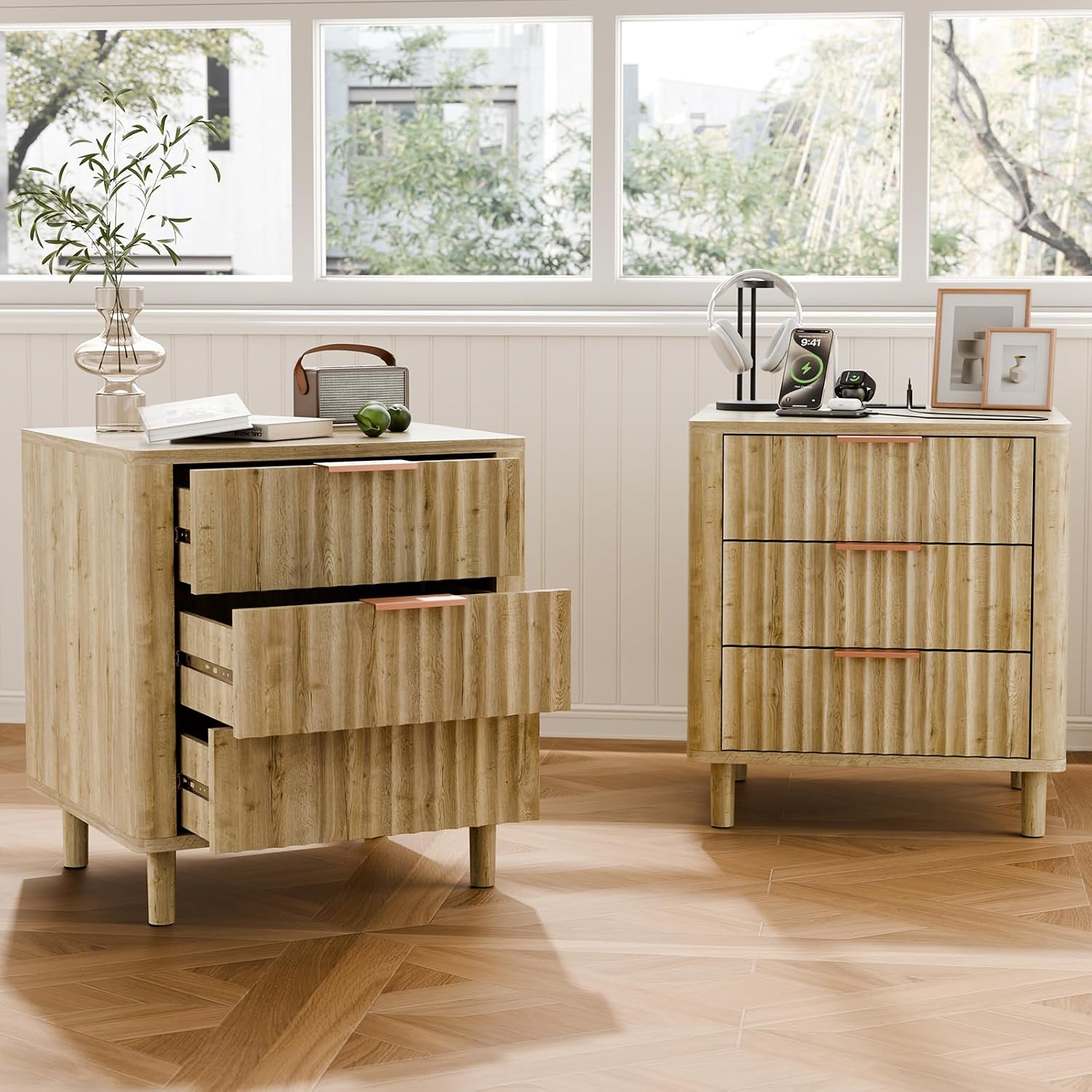 Fluted Nightstand with Charging Station, 2 Drawers Oak - Image 2