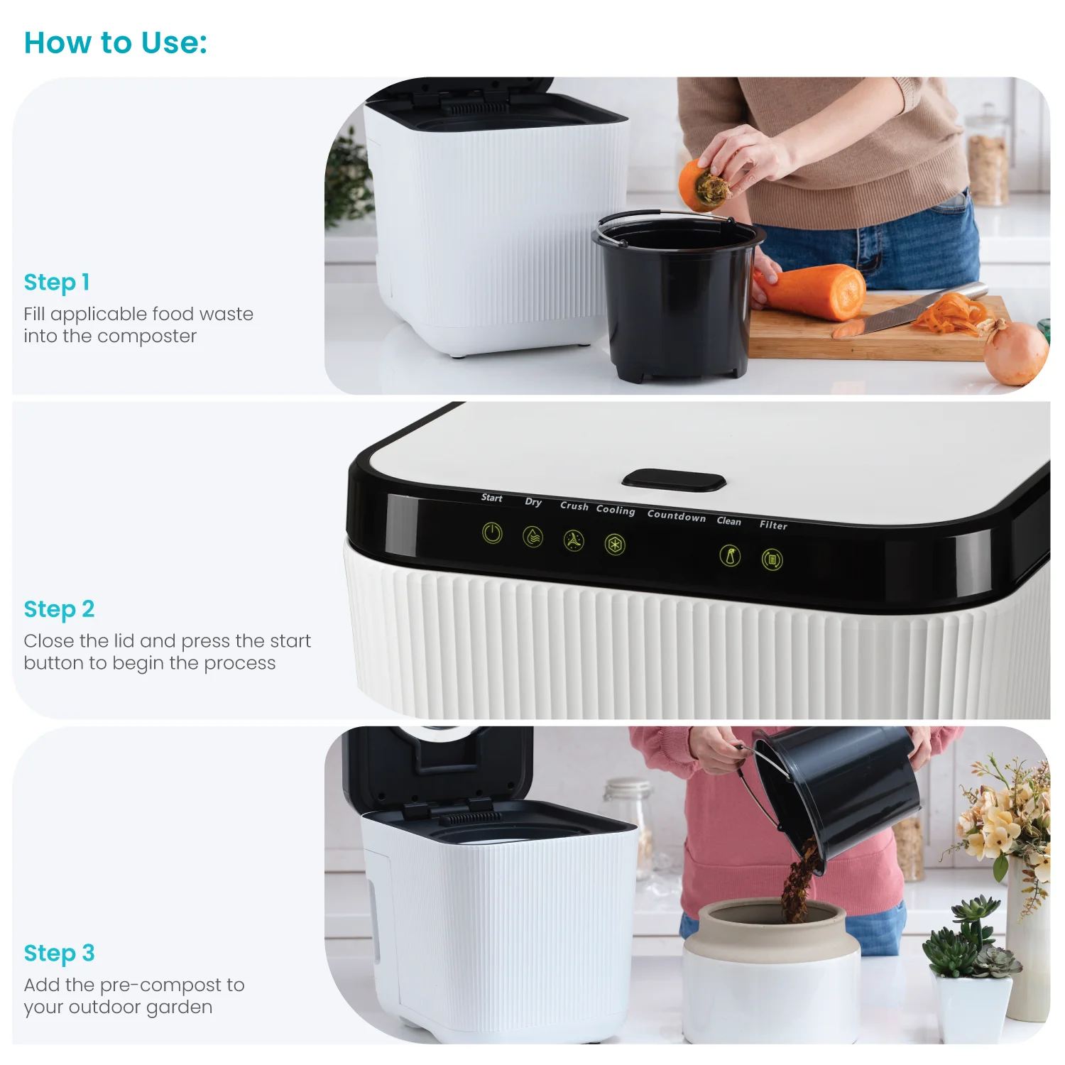 Home Zone Living 3 Liter White Kitchen Electric Composter Bin, with Auto- Cleaning Cycle - Image 5