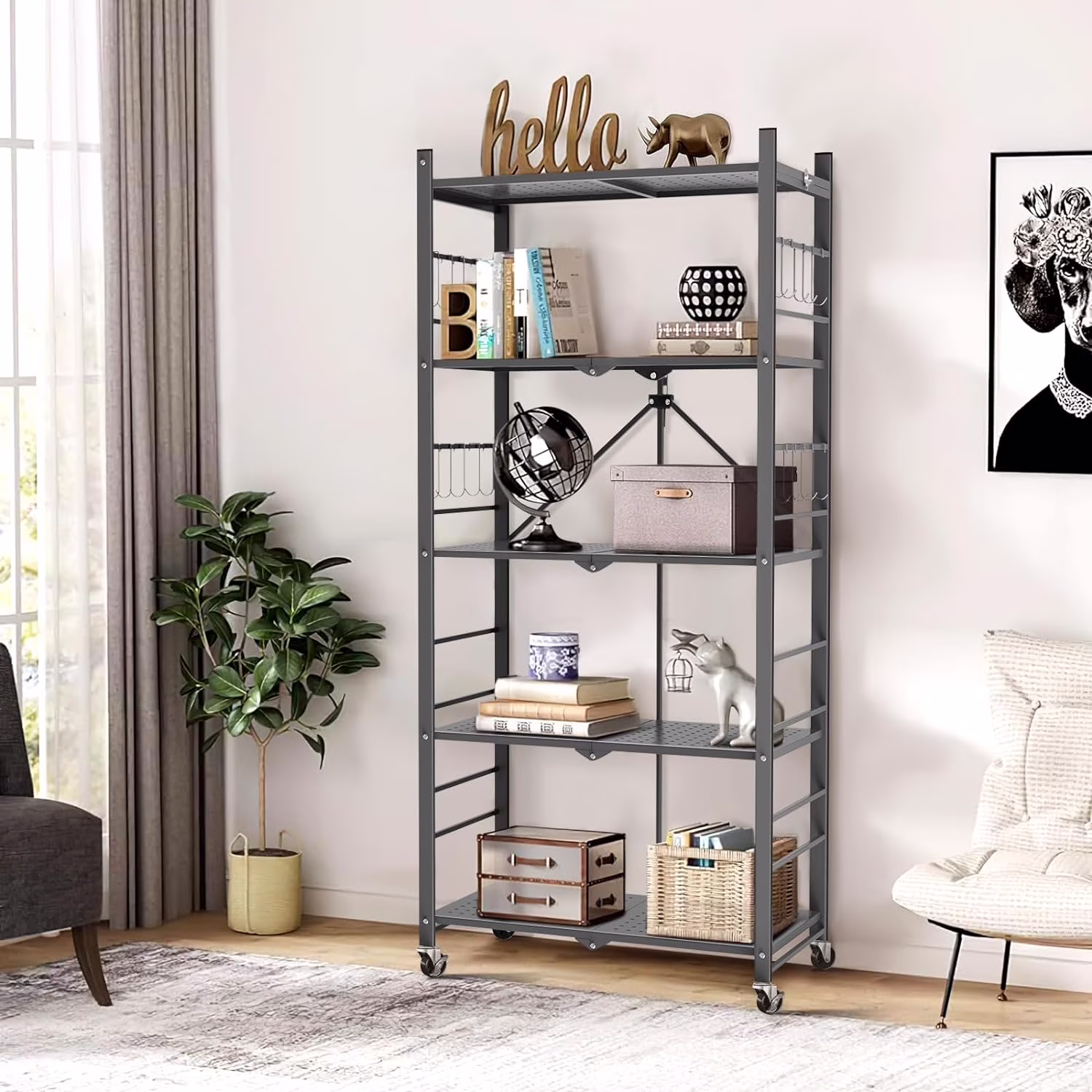 Storage Shelves with 20 Hooks, 4-Tier Foldable Shelves for Storage, Folding Shelf Unit Pantry Shelves with Wheels, Metal Shelving Storage Rack Shelf for Kitchen Garage Home, Black - No Assembly - Image 3