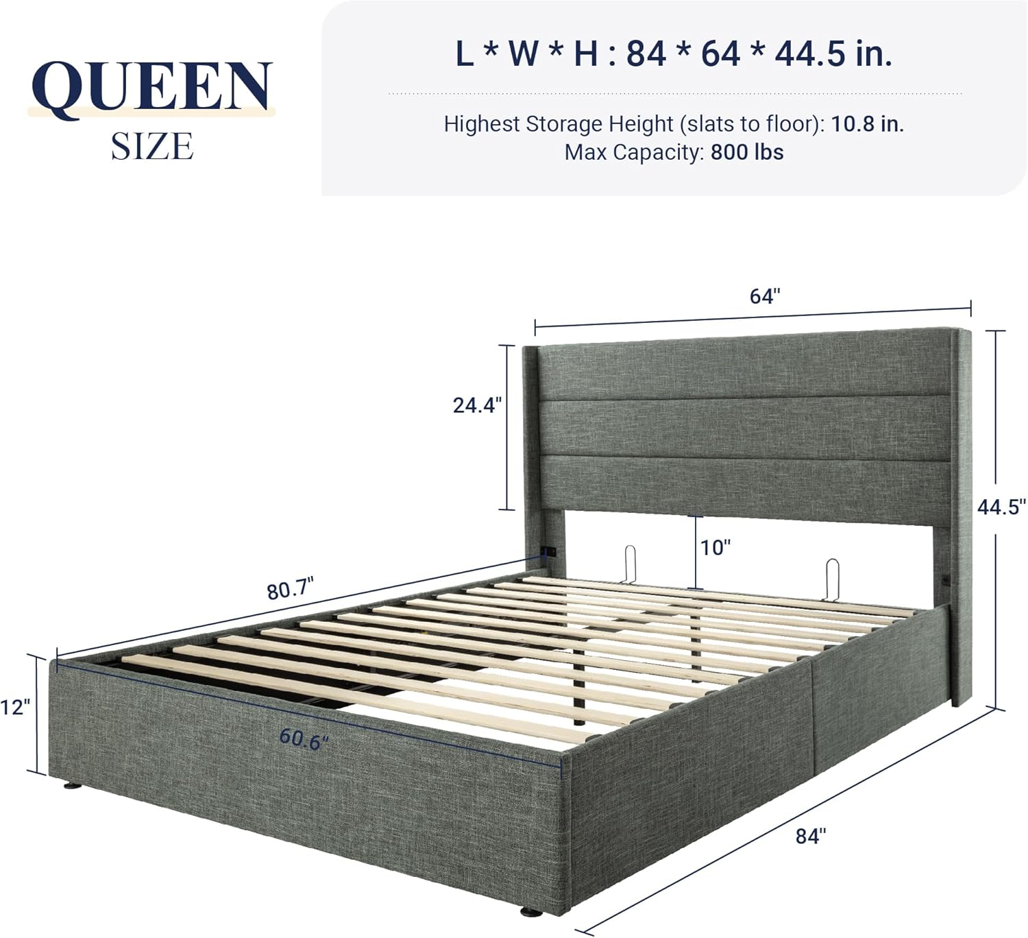Queen Size Lift Up Storage Bed with Wingback Headboard, Upholstered Platform Bed Frame with Hidden Storage - Image 154