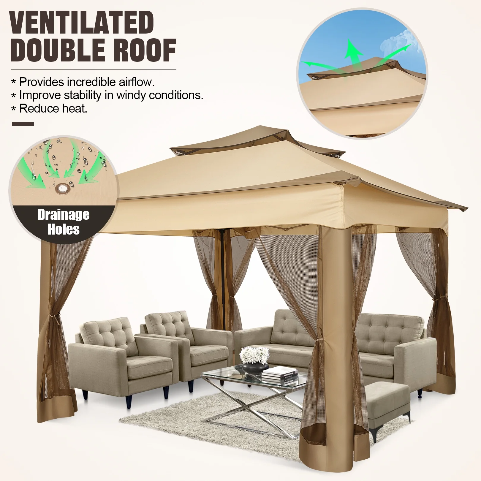 COBIZI 11x11 Pop up Gazebo Outdoor Canopy Gazebo Patio Gazebo with Mosquito Netting Canopy Shelter with 121 Square feet of Shade for Poolside, Garden, Party and Backyard, Khaki - Image 10