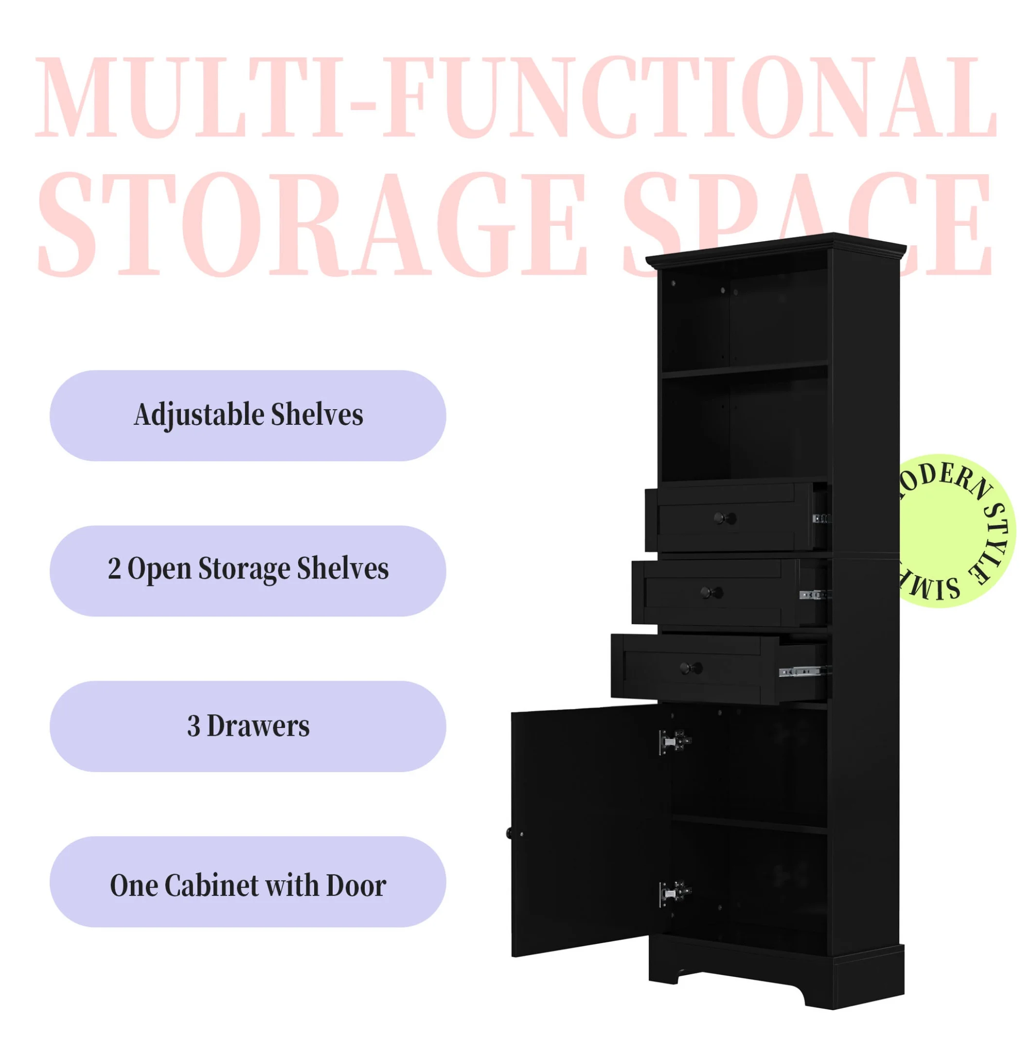 Black Tall Storage Cabinet with 3 Drawers and Adjustable Shelves for Bathroom, Study, Office and Interior, MDF Board with Painted Finish Black + MDF - Image 4