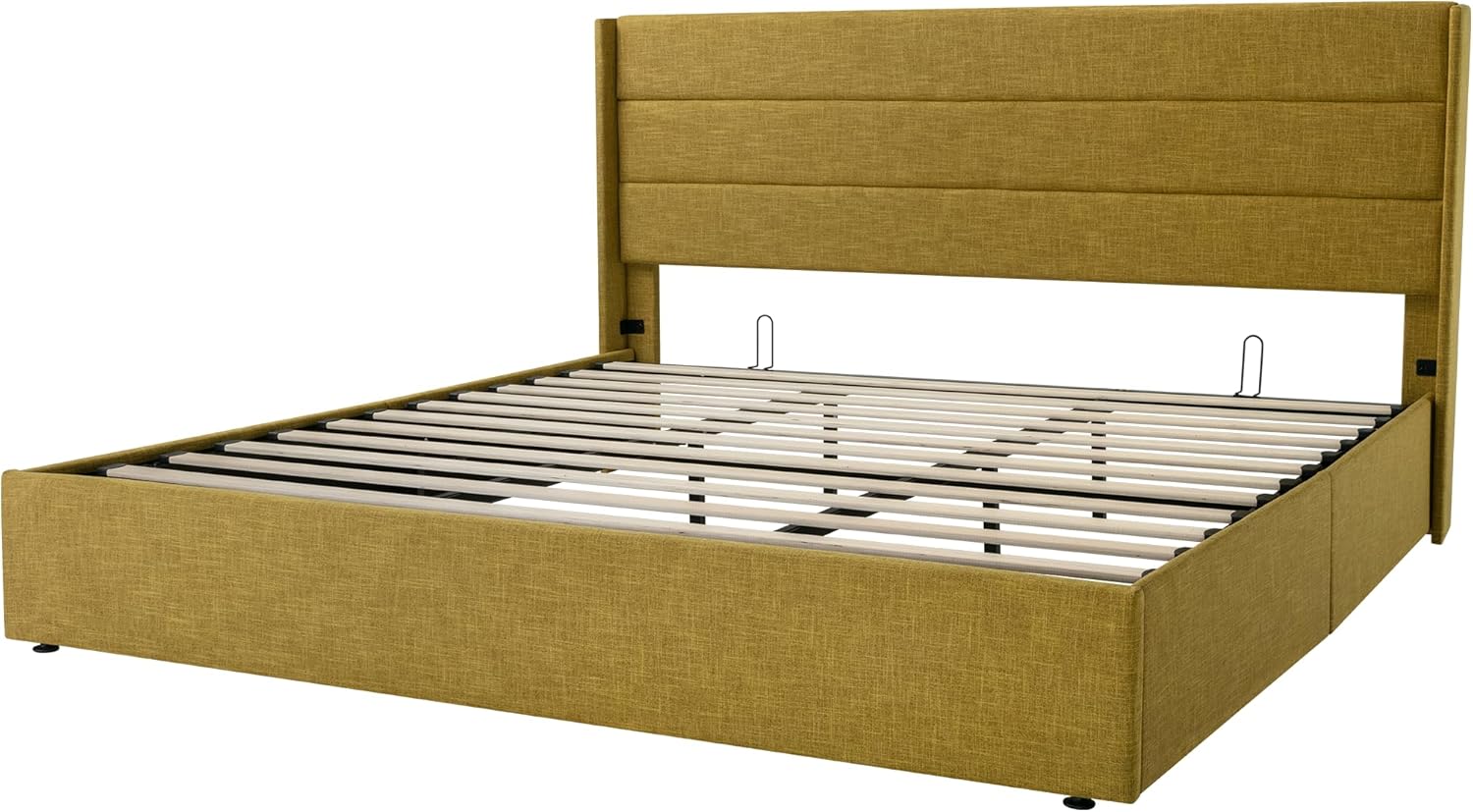 Queen Size Lift Up Storage Bed with Wingback Headboard, Upholstered Platform Bed Frame with Hidden Storage - Image 106