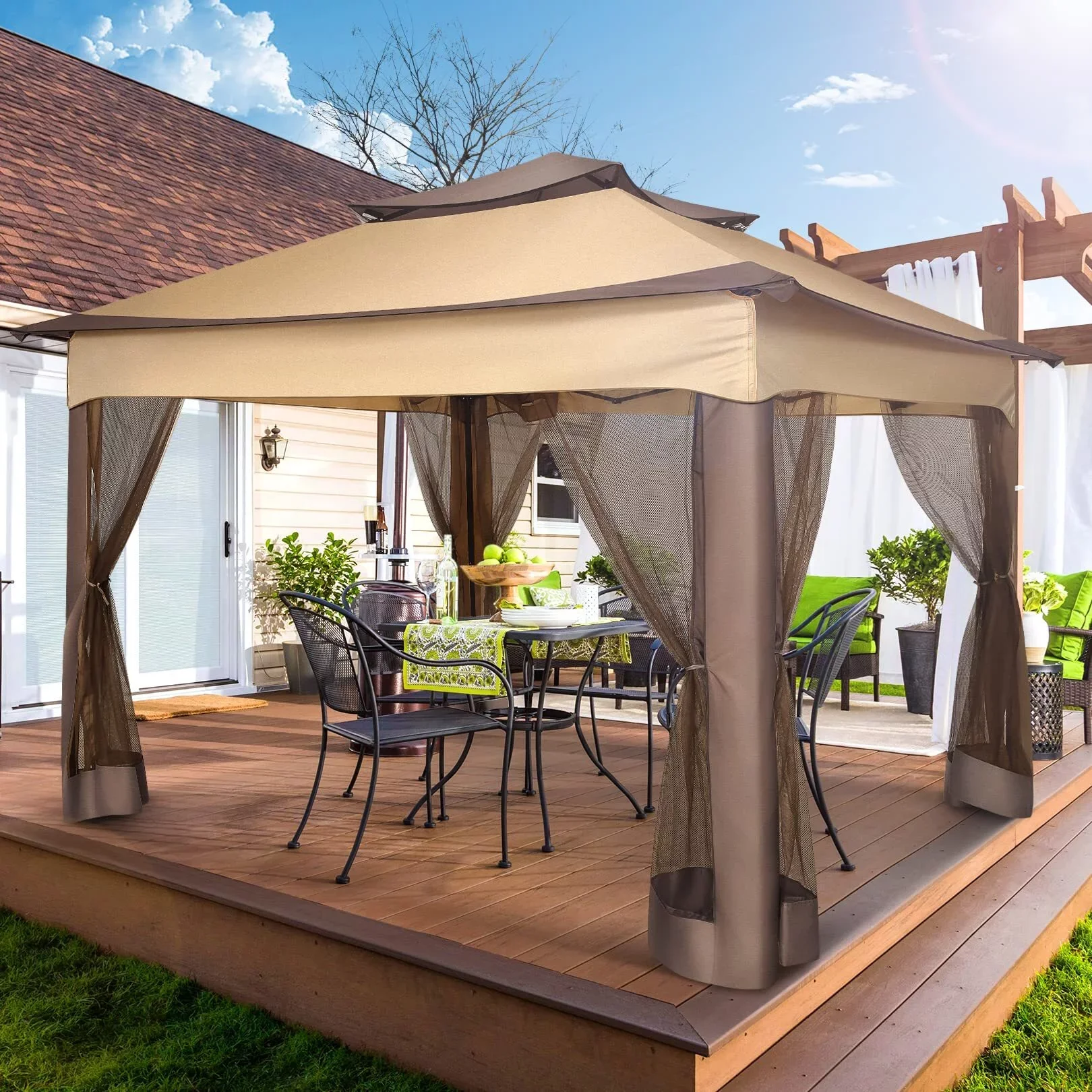 COBIZI 11x11 Pop up Gazebo Outdoor Canopy Gazebo Patio Gazebo with Mosquito Netting Canopy Shelter with 121 Square feet of Shade for Poolside, Garden, Party and Backyard, Khaki - Image 43