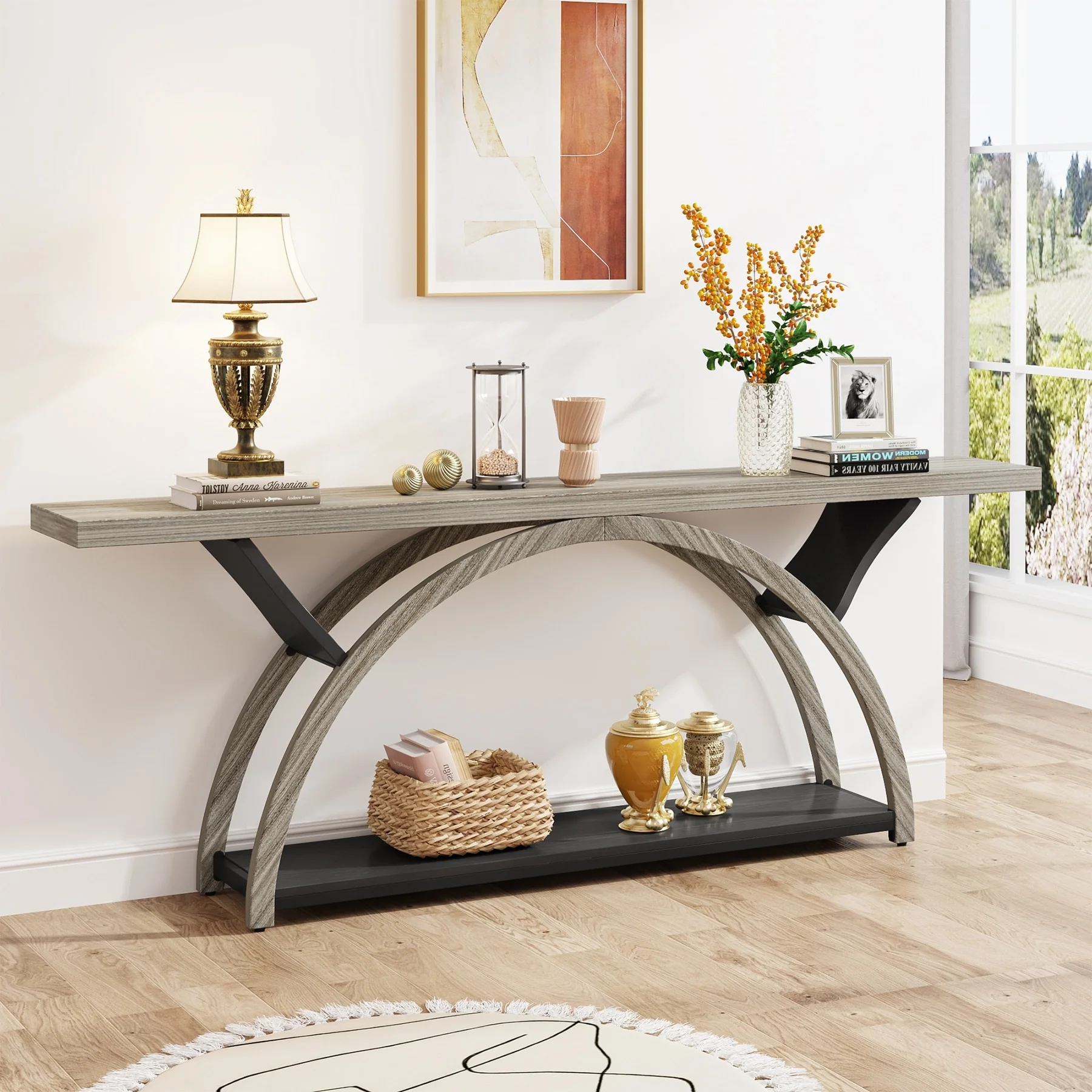 Gray 2-Tier Slim Console Sofa Table, Semi-Circular Metal Frame for Hallway - Image 2
