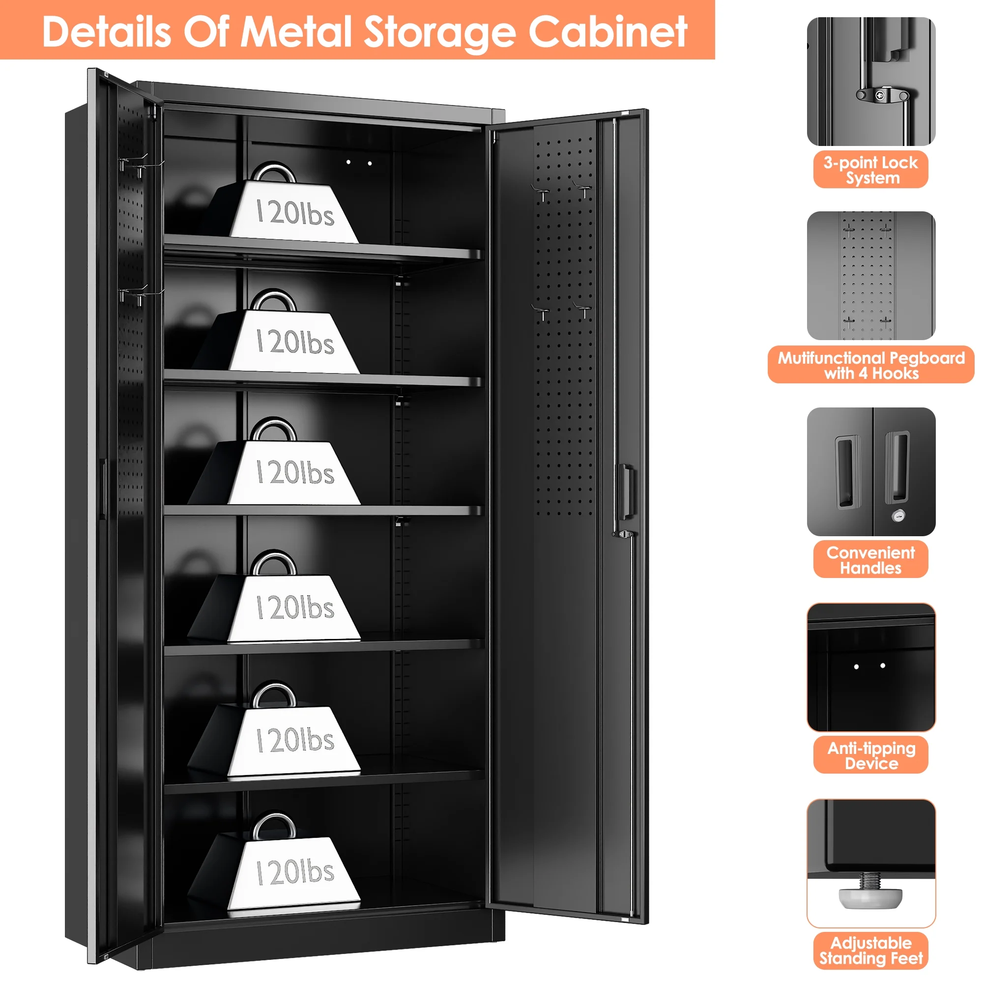 Aobabo Metal Storage Cabinet with Lock & Pegboard,Garage Storage Cabinet with 5 Adjustable Shelves,Tool Storage Cabinets for Home Office Garage,Assembly Required,Black - Image 8