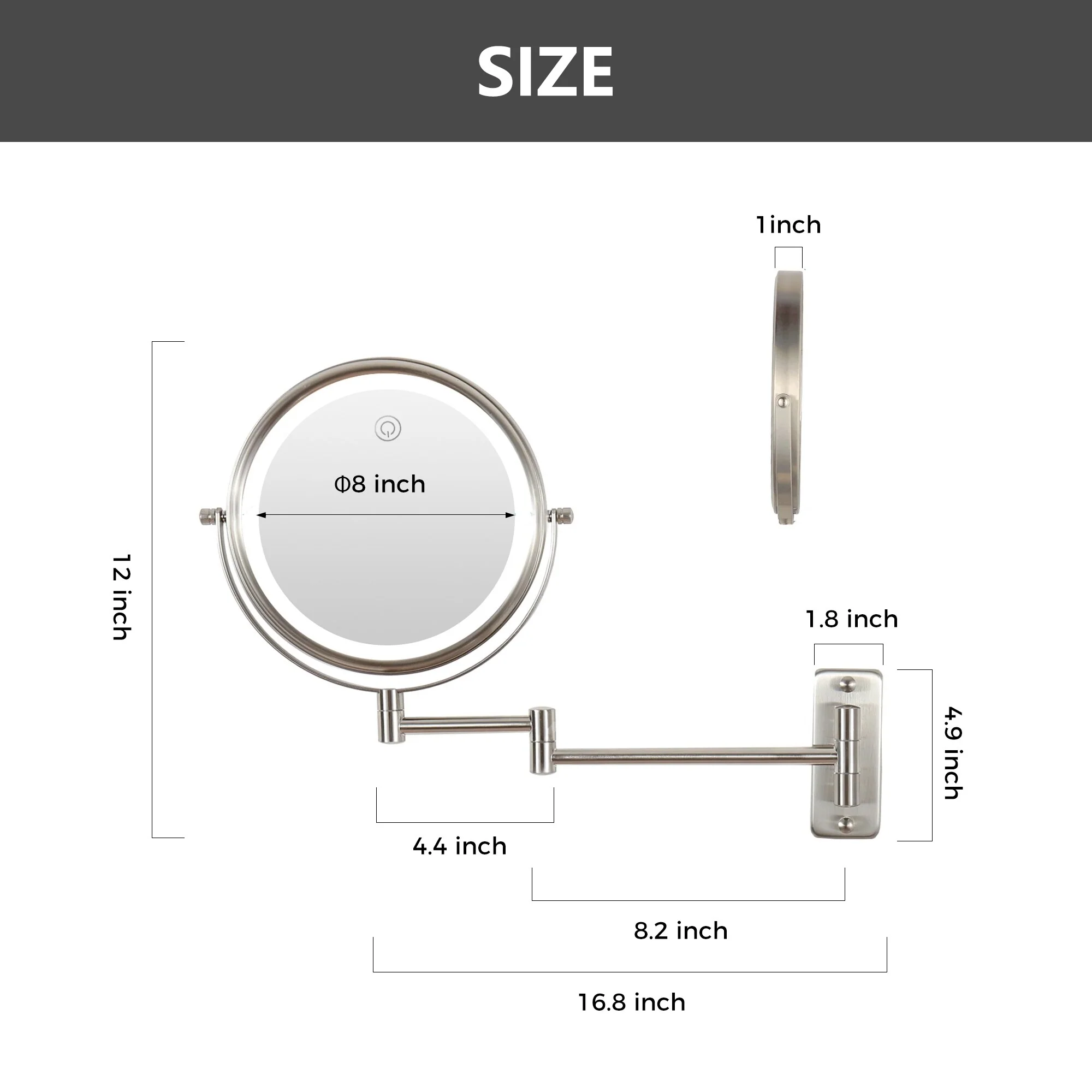 8 Inch Round Wall Mounted Makeup Mirror, Rechargeable, 1X/10X Magnification, 3-Color LED Lights - Image 2