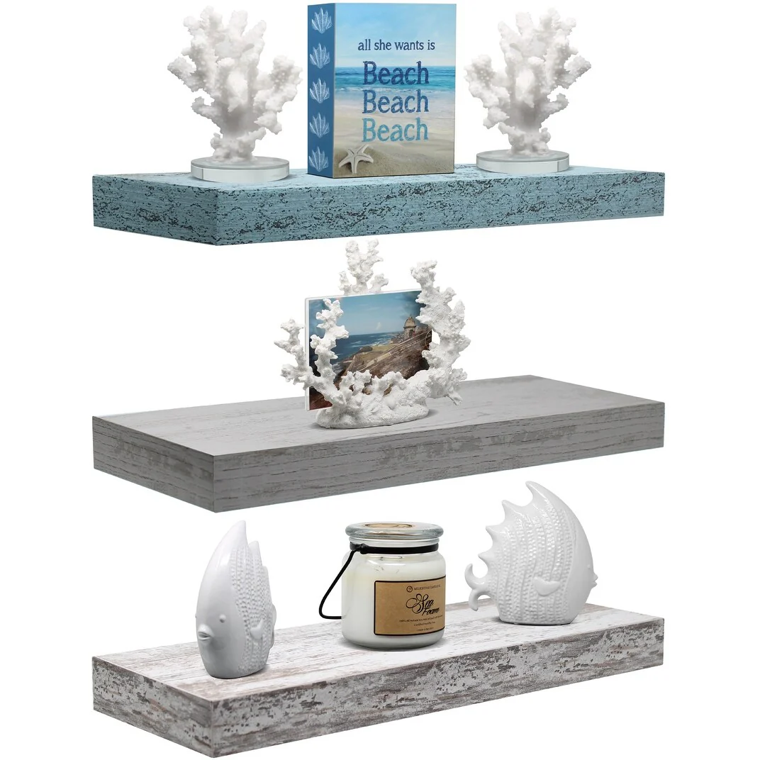 3-Pack Rustic Wood Floating Wall Shelves, Beach Style Hanging Display and Storage Shelves - Image 13