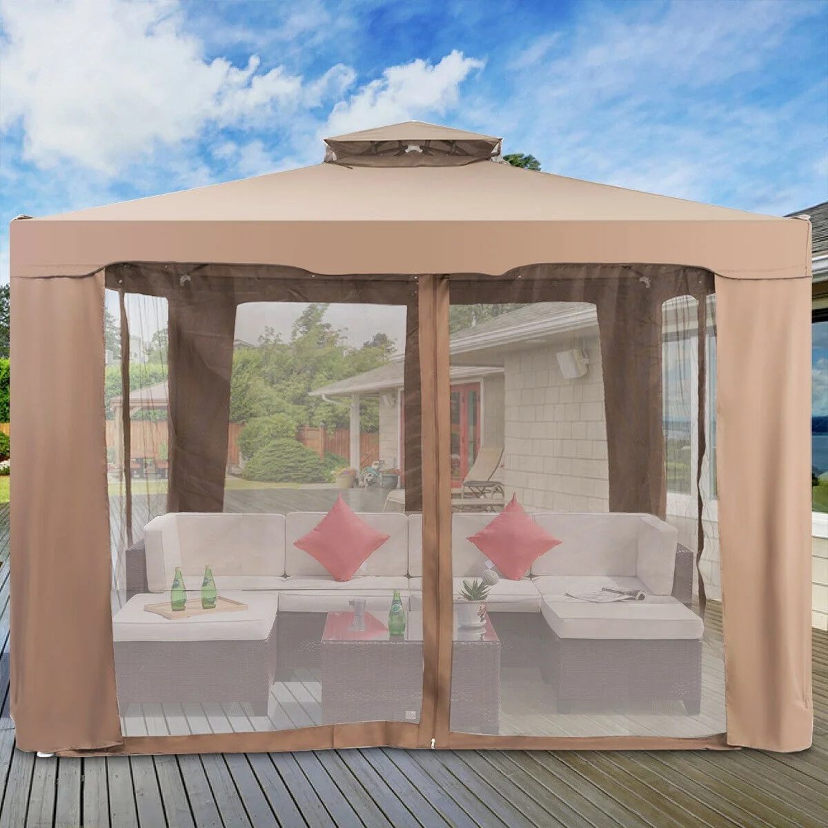 Gymax 10'x 10' Canopy Gazebo Shelter W/Mosquito Netting Outdoor Patio Beige - Image 15
