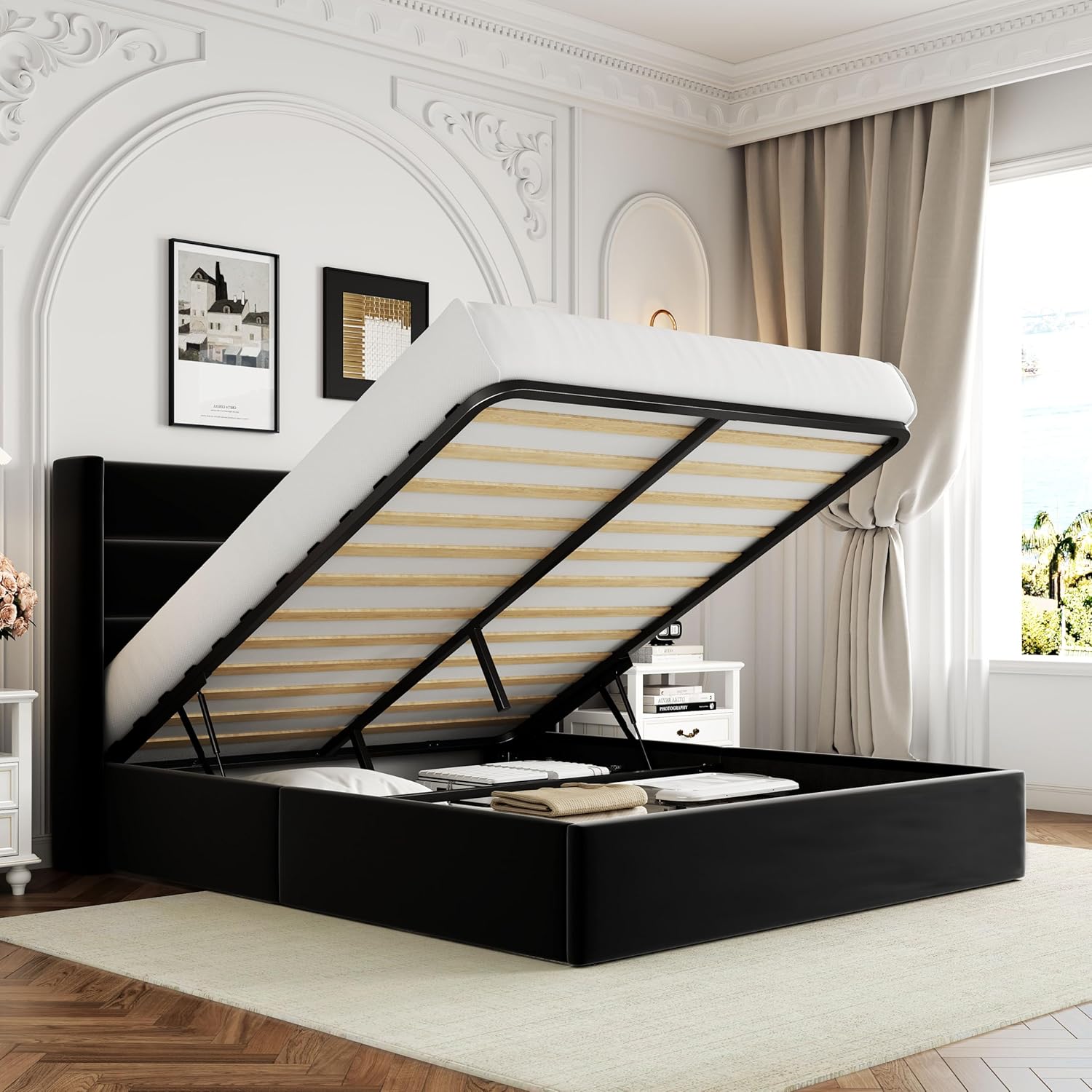 Queen Size Lift Up Storage Bed with Wingback Headboard, Upholstered Platform Bed Frame with Hidden Storage - Image 5
