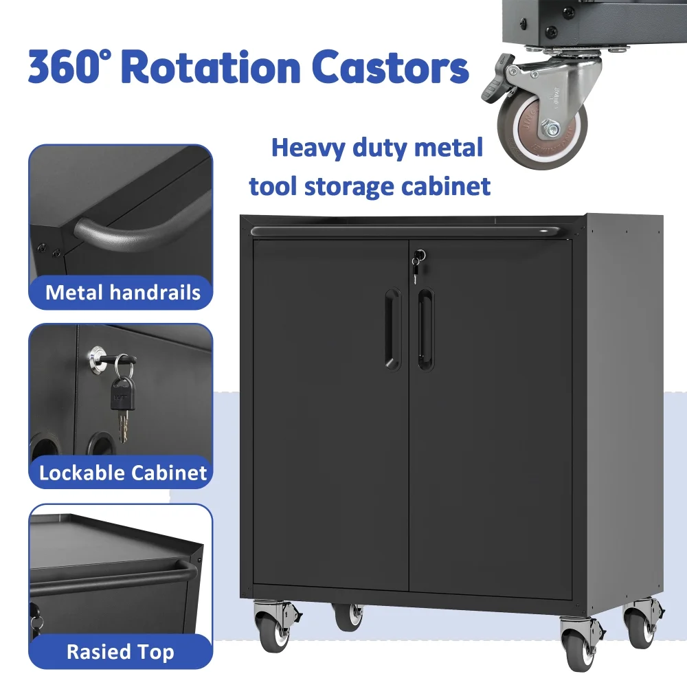 Tcbosik Rolling Storage Cabinet with Storage, Metal Tool Cabinet with Adjustable Shelf and 2 Doors, Lockable Storage Cabinet for Home Office Garage Basement, Black - Image 7