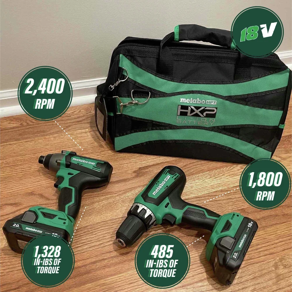Metabo HPT 18V MultiVolt Hammer Drill and Impact Driver Combo Kit | Cordless | 2-2.0Ah Li-Ion Batteries w/Fuel Gauge | Lifetime Tool Warranty | KC18DFX - Image 7
