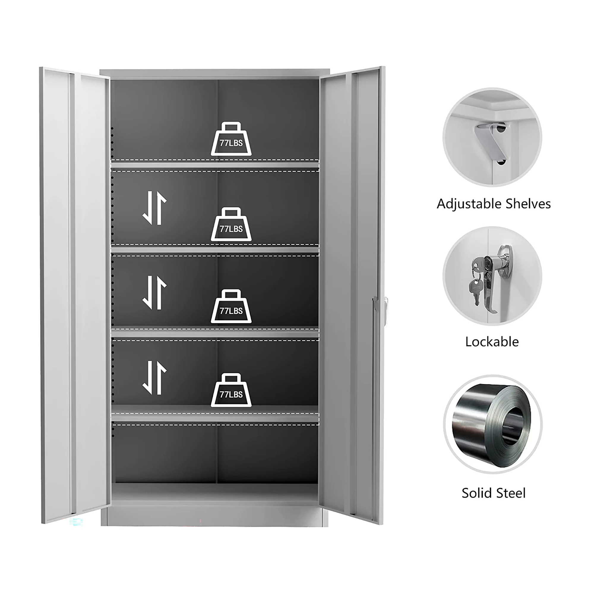 Aobabo 72 Inch Locking Storage Cabinet w/ Adjustable Shelves, Gray - Image 4