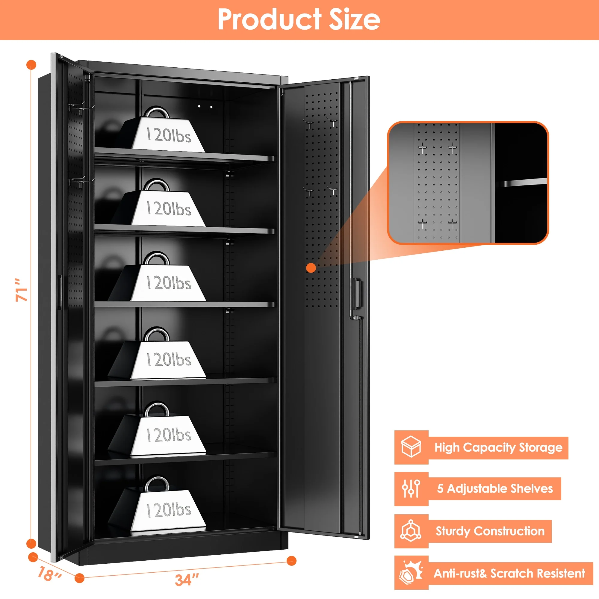 Aobabo Metal Storage Cabinet with Lock & Pegboard,Garage Storage Cabinet with 5 Adjustable Shelves,Tool Storage Cabinets for Home Office Garage,Assembly Required,Black - Image 2
