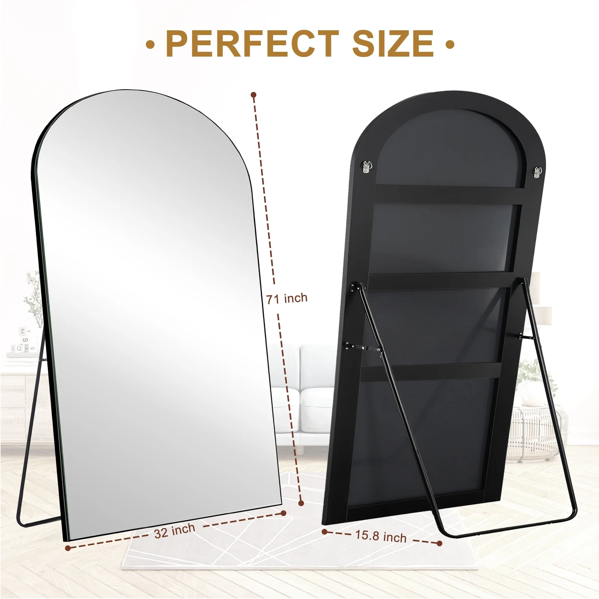 Arched Full Length Wood Floor Mirror, Full Body Standing and Wall Mounted Mirror for Bedroom, Living Room and Home Decor - Image 43