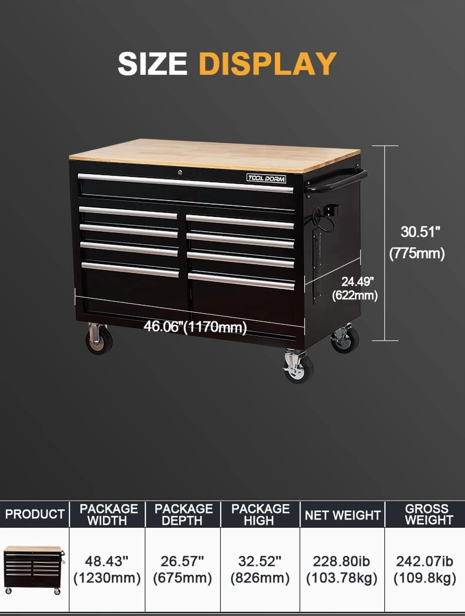 Rolling Tool Chest Extra-Deep 46In 9-Drawers, Mobile Tool Storage Cabinet/Work Bench with Wooden Top/Power Strip, Equipped with Casters, Handle, Liner, and Locking System, 1200 lbs Capacity - Image 2