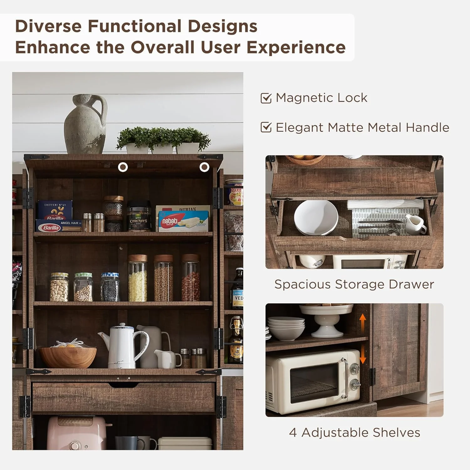 47" Kitchen Pantry, Farmhouse Storage Cabinet with Barn Doors, Organizer and Adjustable Shelves, Rustic Wood Cupboard for Kitchen, Dining Room, Bathroom and Hallway, Black - Image 16
