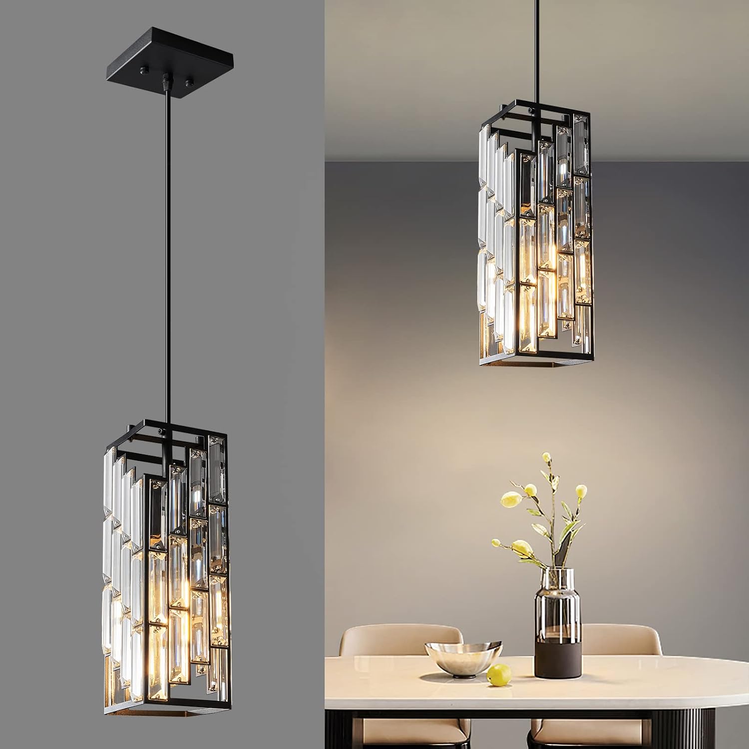 Black Pendant Lighting, Modern Pendant Light, Mini Crystal Chandeliers, Adjustable Pendant Light Fixture for Kitchen Island, Dining Room & Bedroom (3 Pack) - Image 4