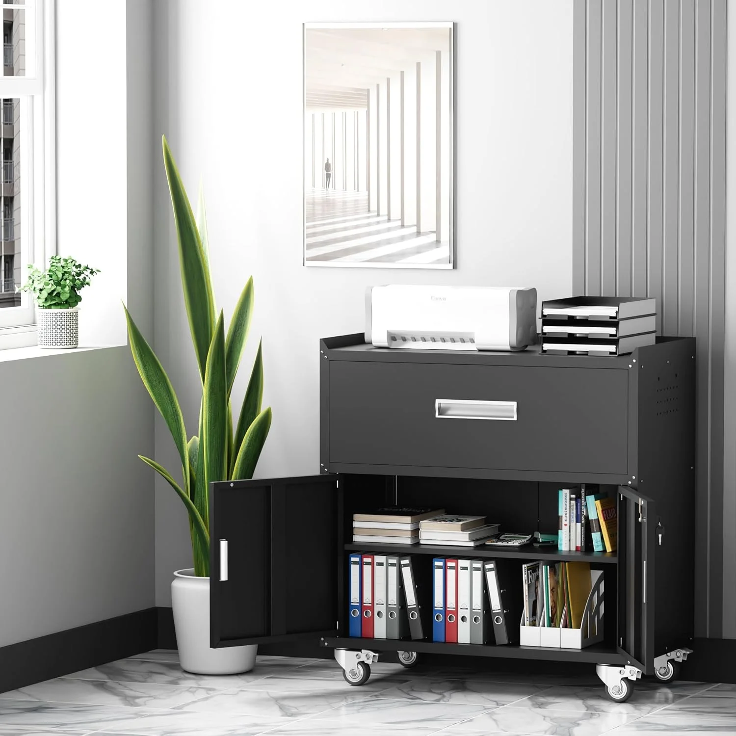 GXK-Home Metal Garage Storage Cabinet With Lock and Hook Hole,Tool Chest with Wheels for Workshop,Black - Image 8