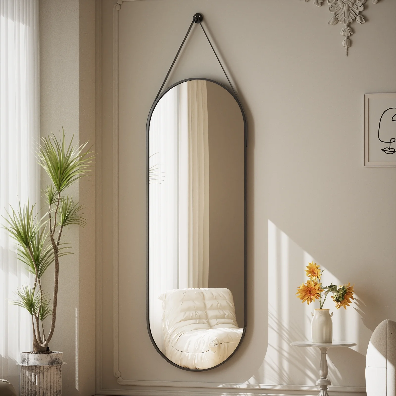 48 x 16 Inch Full Length Wall Mirror with Leather Strap, Hanging Full Body Mirror for Bedroom, Entryway and Home Decor - Image 3