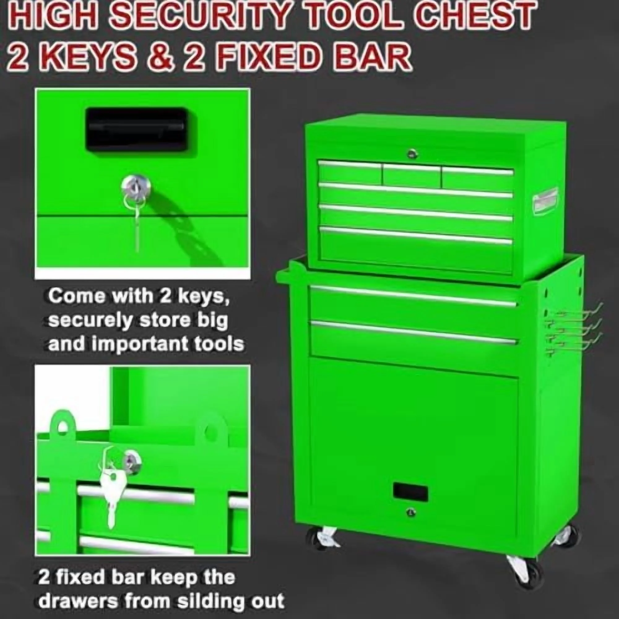 8-Drawer Rolling Tool Chest with Detachable Top Tool Box, Lockable Metal Tool Cabinet, and Liner, Heavy-Duty Storage Organizer with Wheels and 6 Hooks for Garage, Workshop, Green - Image 8