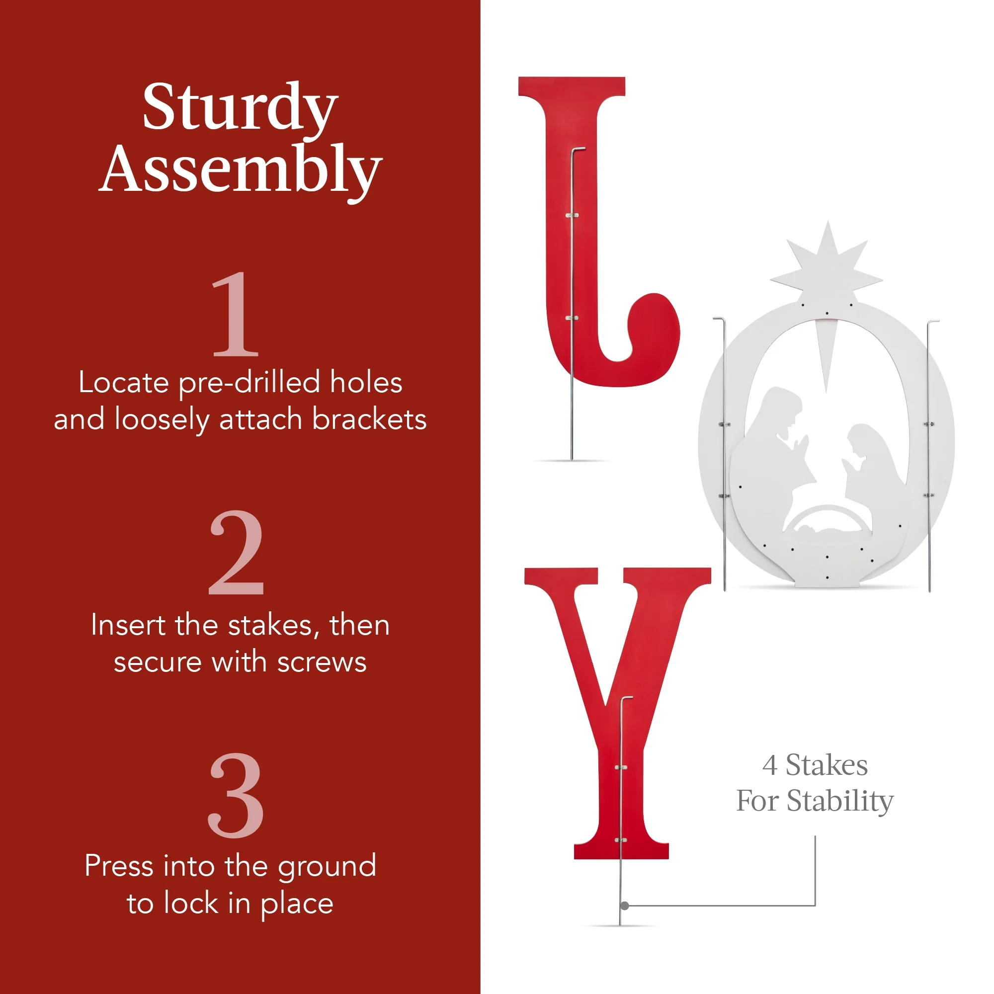 Best Choice Products 46in Outdoor JOY Christmas Nativity Decoration w/ Weather Resistant PVC, Ground Stakes - Red/White - Image 7
