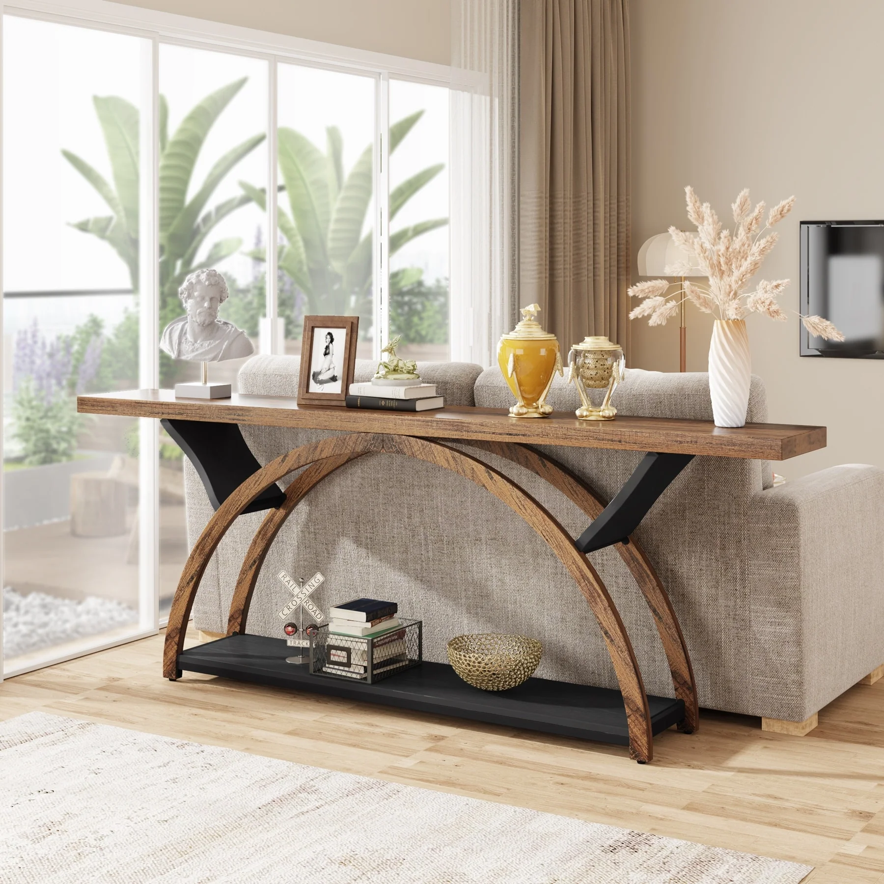 Gray 2-Tier Slim Console Sofa Table, Semi-Circular Metal Frame for Hallway - Image 19