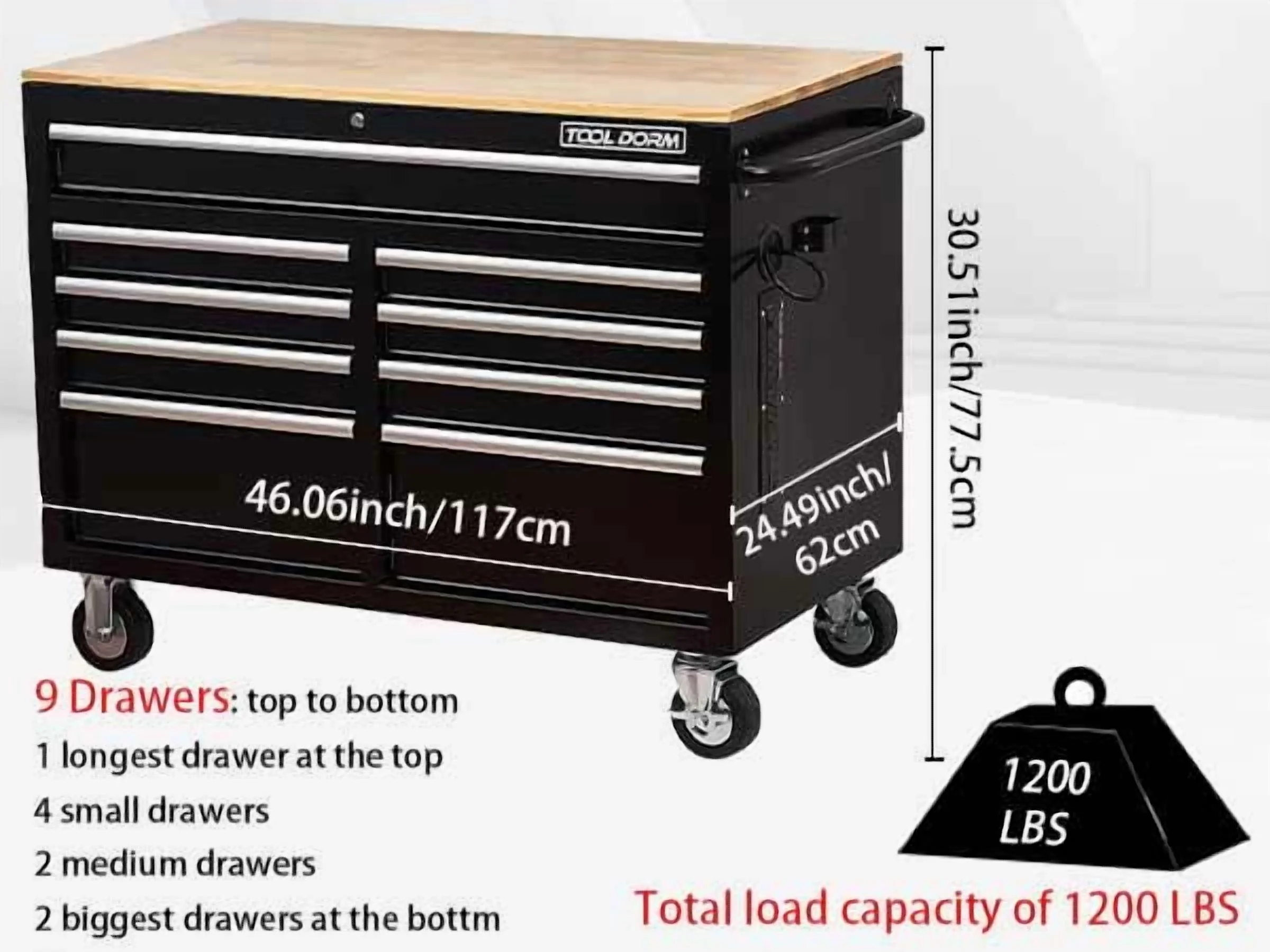 Rolling Tool Chest Extra-Deep 46In 9-Drawers, Mobile Tool Storage Cabinet/Work Bench with Wooden Top/Power Strip, Equipped with Casters, Handle, Liner, and Locking System, 1200 lbs Capacity - Image 13